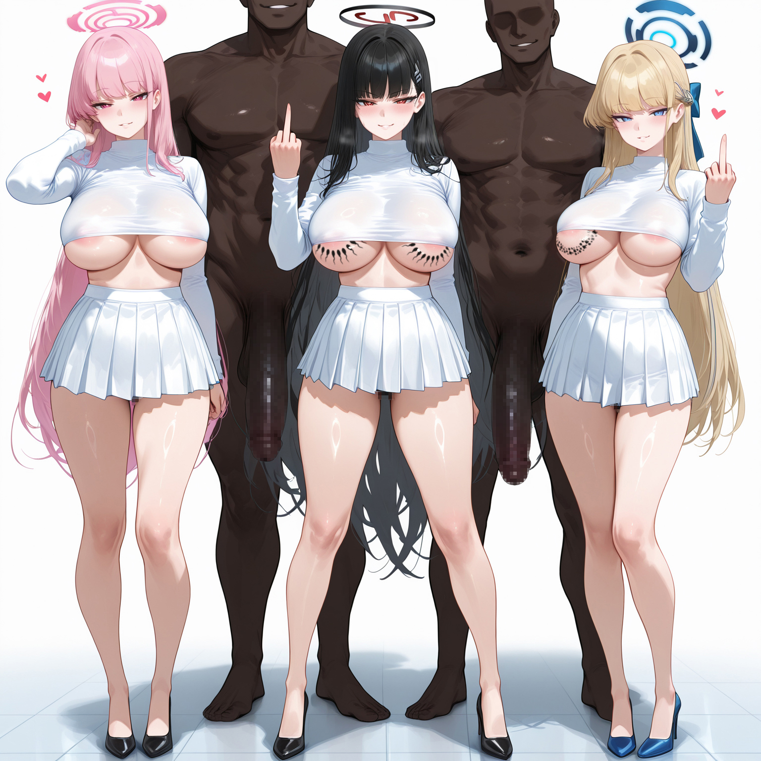 2boys, 3girls, ai generated, allenby, big penis, blonde hair, blue archive, breasts, dark skin, dark-skinned male, eimi (blue archive), female, interracial, large breasts, looking at viewer, male, middle finger, penis, queen of spades, rio (blue archive), tattoo, toki (blue archive)