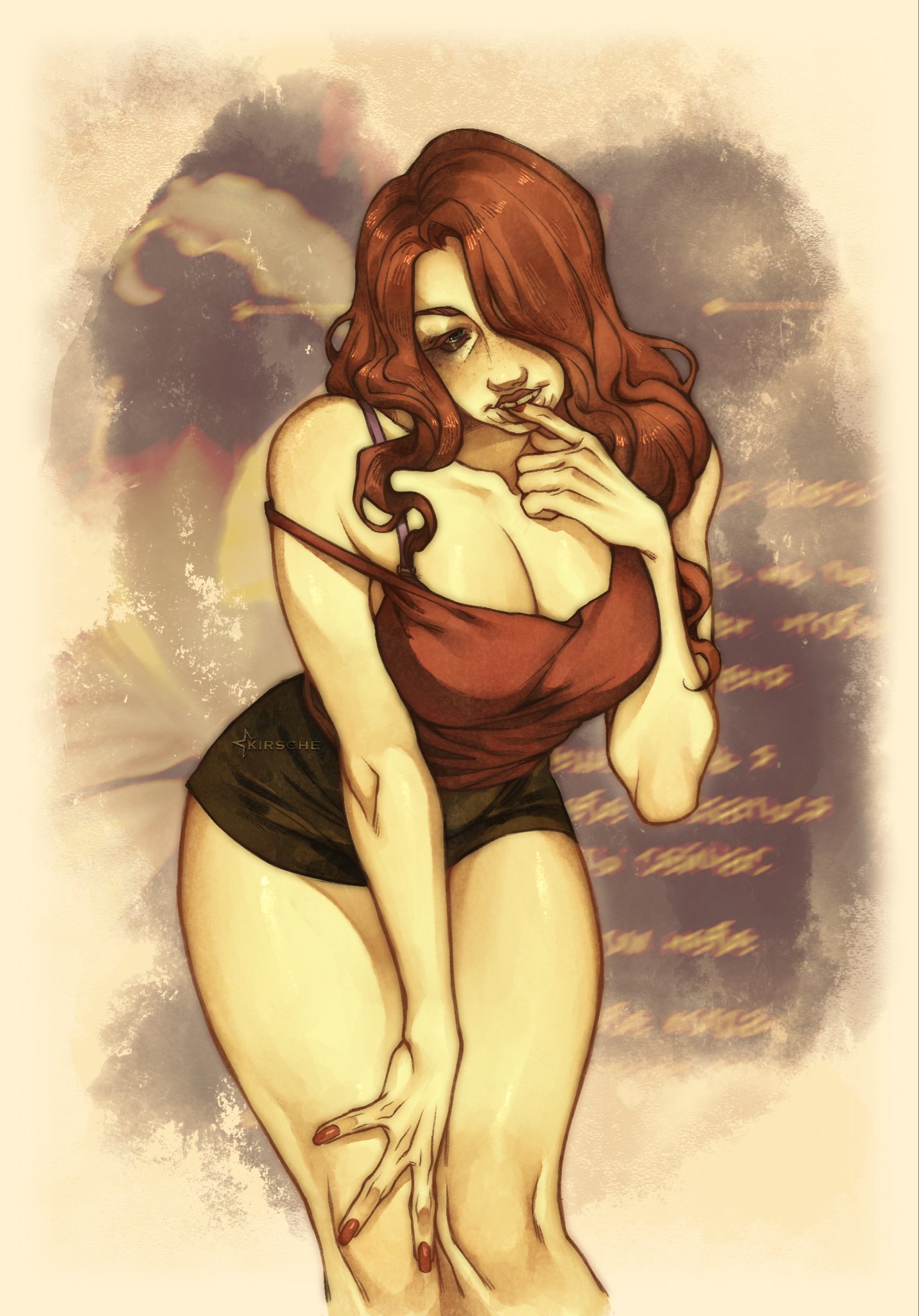 big breasts, breasts, cleavage, female, female only, finger to mouth, freckles, hair over one eye, hourglass figure, kirsssche, leaning forward, long hair, looking at viewer, nail polish, no, i'm not a human, off shoulder, orange hair, red nails, seductive woman (no, i'm not a human), sfw, short shorts, shorts, smile, solo, tank top, thick thighs, wavy hair, wide hips