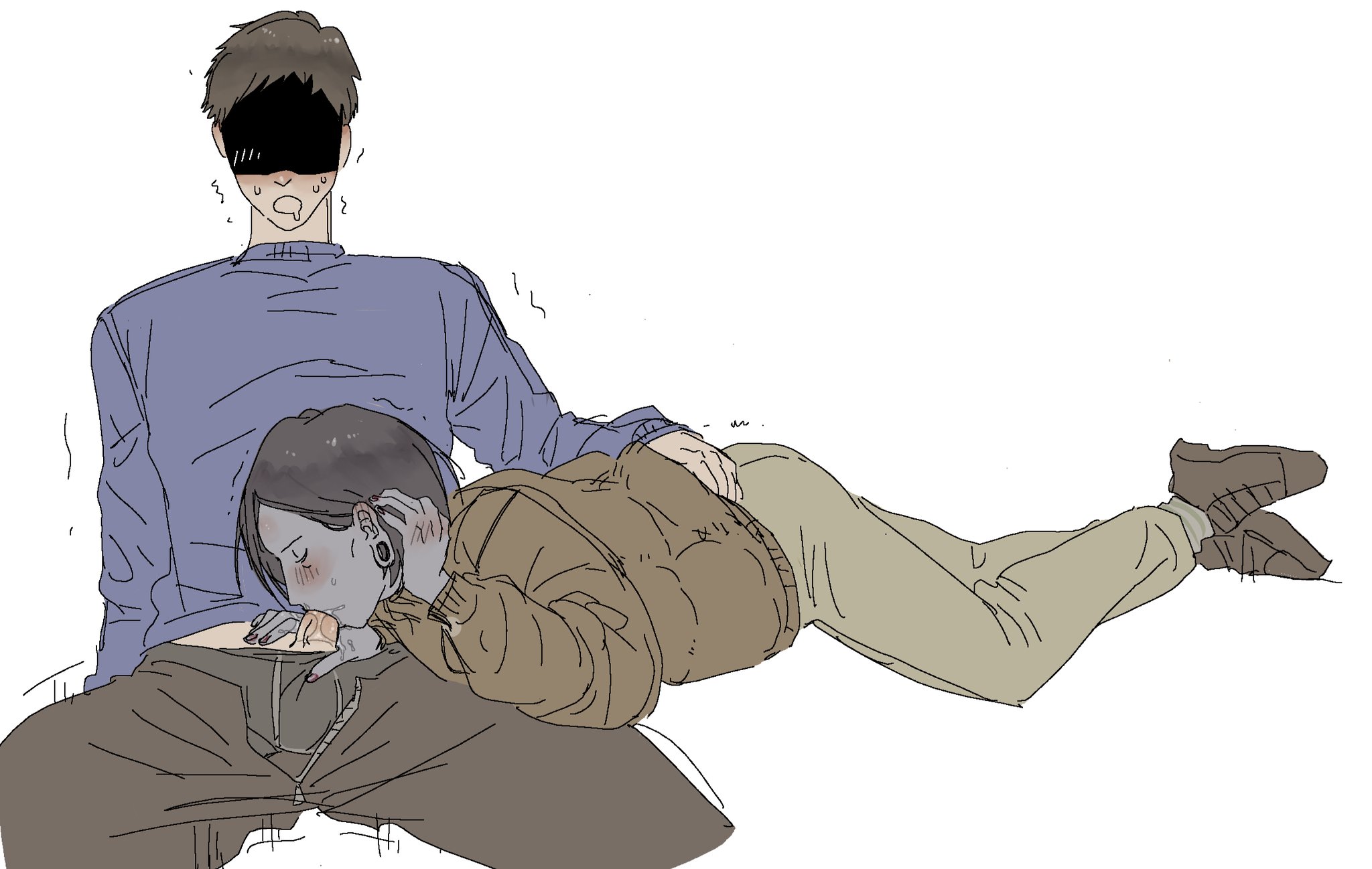 2boys, androgynous, black hair, blowjob, blue body, blue skin, blush, coat guy (no, i'm not a human), fellatio, full body, fully clothed, gauged ear, gay, ixnsfw07, male, male only, no, i'm not a human, oral, penis, penis out, protagonist (no, i'm not a human), saliva, shaded face, sweat, tucking hair, twink, uncensored, yaoi