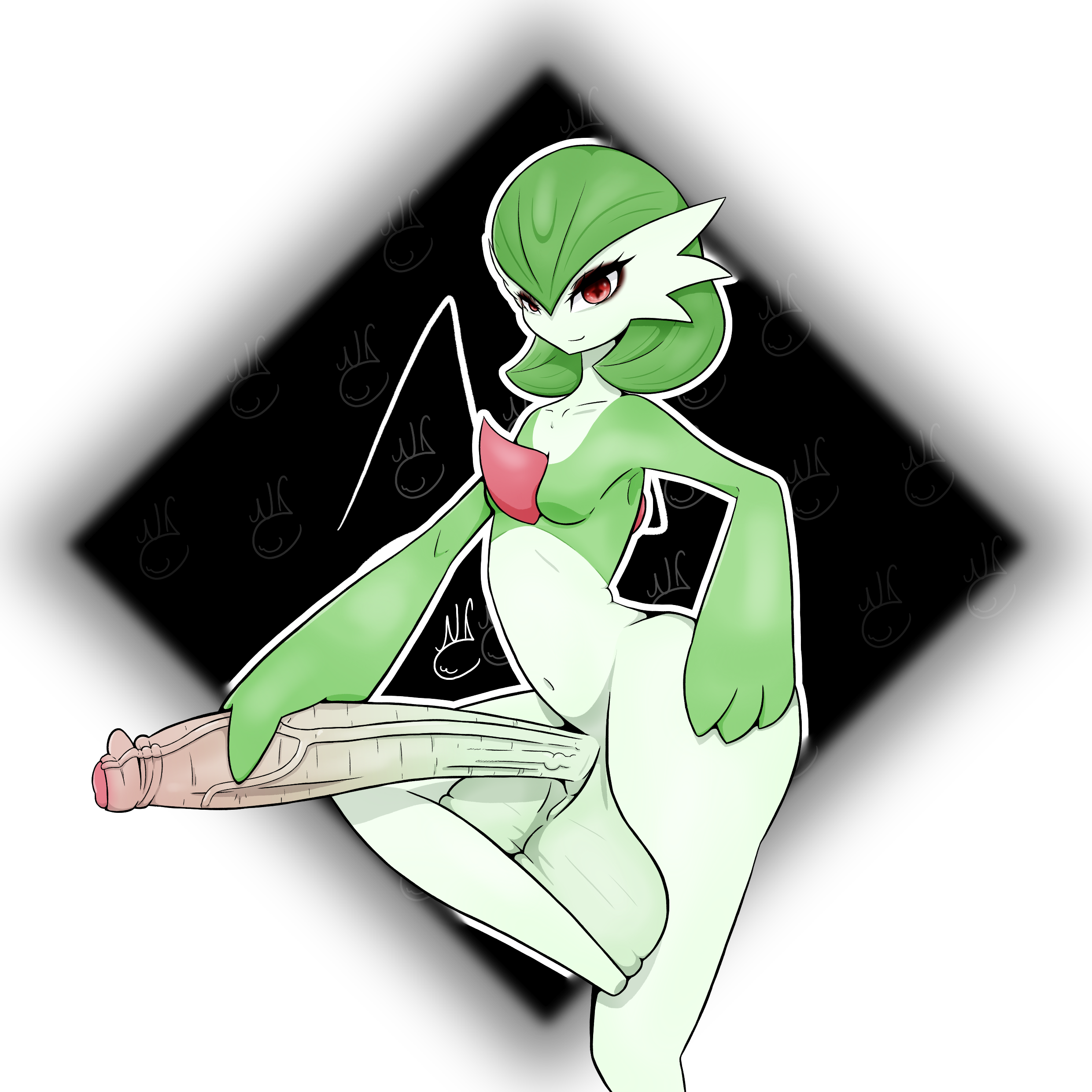 1futa, 1girls, 2d, 2d artwork, ass, balls, breasts, cock, eyelashes, female, foreskin, futa only, futanari, gardevoir, green hair, hand on hip, holding penis, huge balls, huge cock, intersex, looking at viewer, nekojaanai, penis, pokémon (species), pokemon, pokemon (species), pokephilia, red eyes, simple background, sitting, smirk, solo, transparent background, uncircumcised, veiny penis, white skin