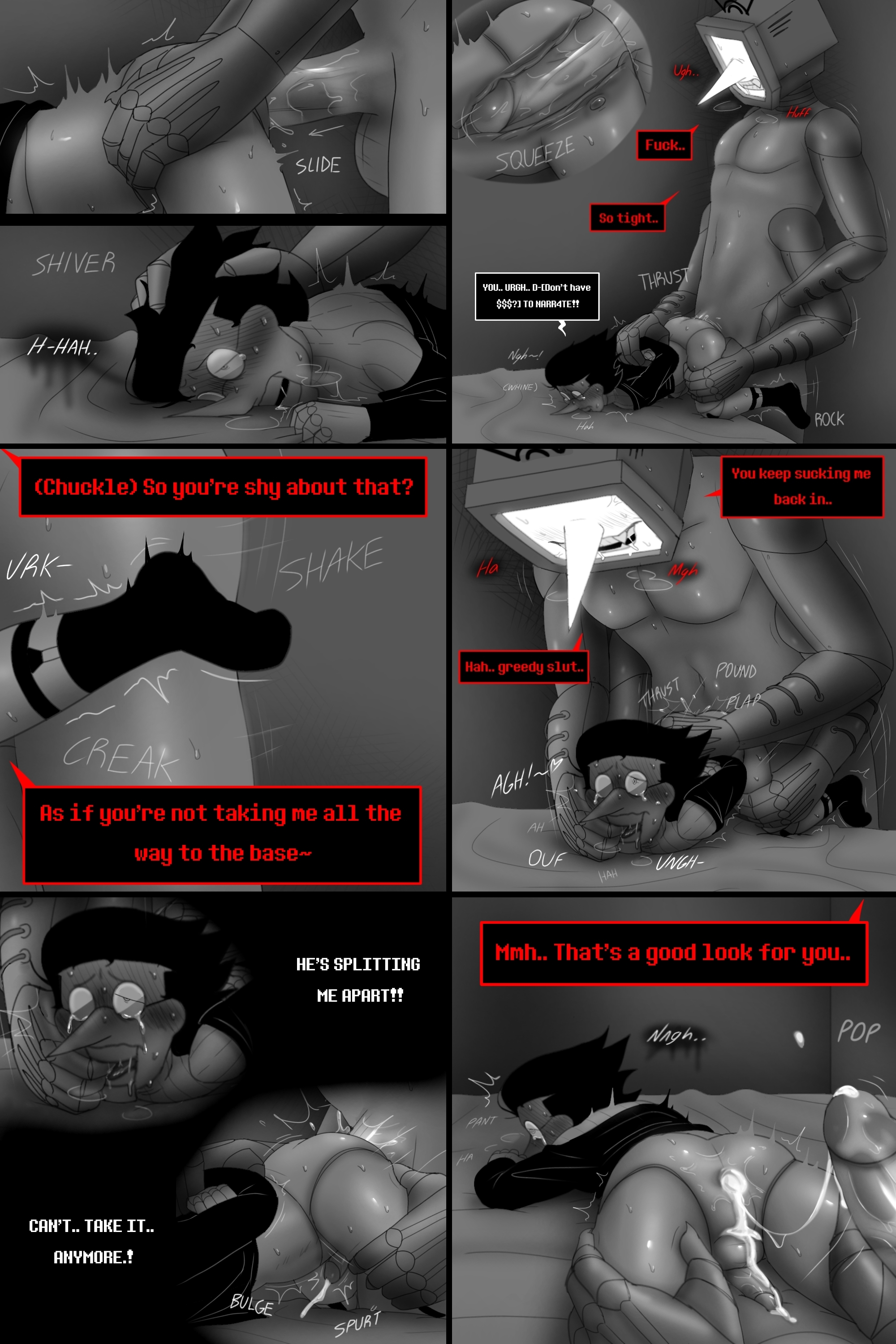 4 arms, alternate universe, anal, anal sex, backshots, cliodoesntdraw, comic, crying, cum, cum inside, defernull, deltarune, dialogue, finger in mouth, gay, grabbing hair, half-dressed, male, male only, on bed, open mouth, orgasm, restrained, size difference, sock garters, spamton g spamton, submissive male, taken from behind, tenna (deltarune), x-ray, yaoi