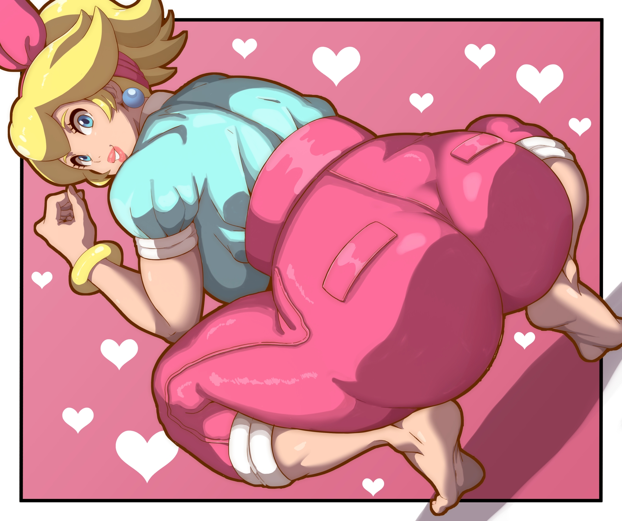1girls, alternate costume, ass, barefoot, blonde hair, blue earrings, blue eyes, bracelet, breasts, earrings, female, large ass, large breasts, looking at viewer, looking back, looking back at viewer, mario (series), mario kart, mario kart world, nintendo, no shoes, official alternate costume, oryuto, oryutoo, pants, pink pants, princess peach, princess peach (sightseeing), solo, solo female, solo focus, squatting, tight clothing