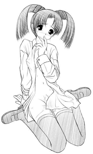 bottomless line_art monochrome open_clothes open_shirt pussy_juice shirt tenshi_no_shippo usagi_no_mika