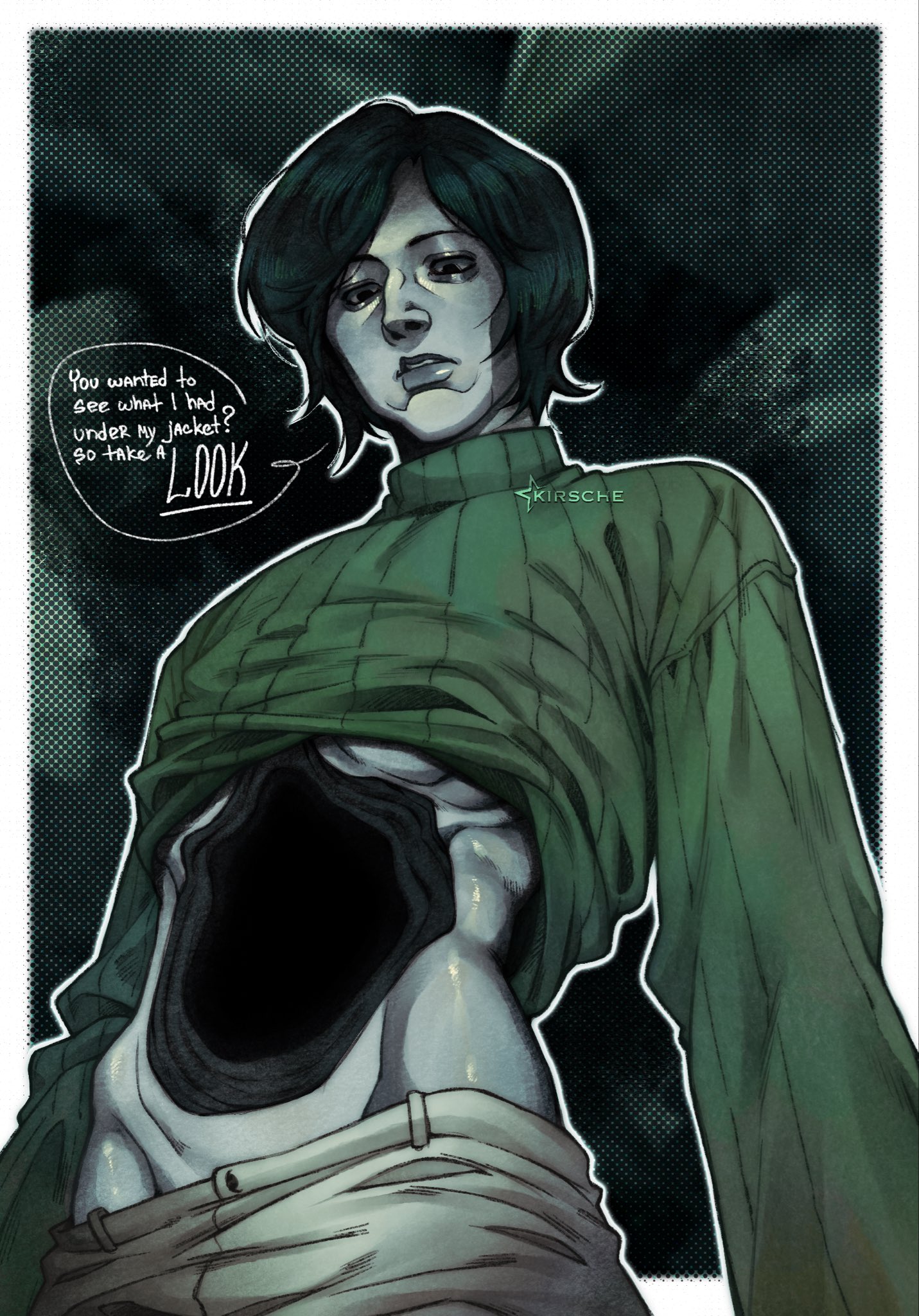 androgynous, bags under eyes, blue body, blue hair, blue skin, body horror, coat guy (no, i'm not a human), dark blue hair, english text, hip bones, kirsssche, looking down, low-angle view, male, male only, no, i'm not a human, pants down, shiny skin, shirt up, sweater, turtleneck, turtleneck sweater, twink, unusual anatomy