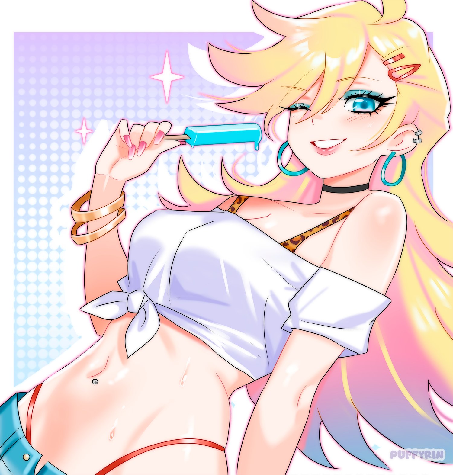 bare shoulders, blonde hair, blue eyes, blush, bra, choker, crop top, earrings, female, female only, holding object, jeans, long hair, looking at viewer, panties, panty & stocking with garterbelt, panty anarchy, piercing, popsicle, puffyrin, shorts, smile, tagme