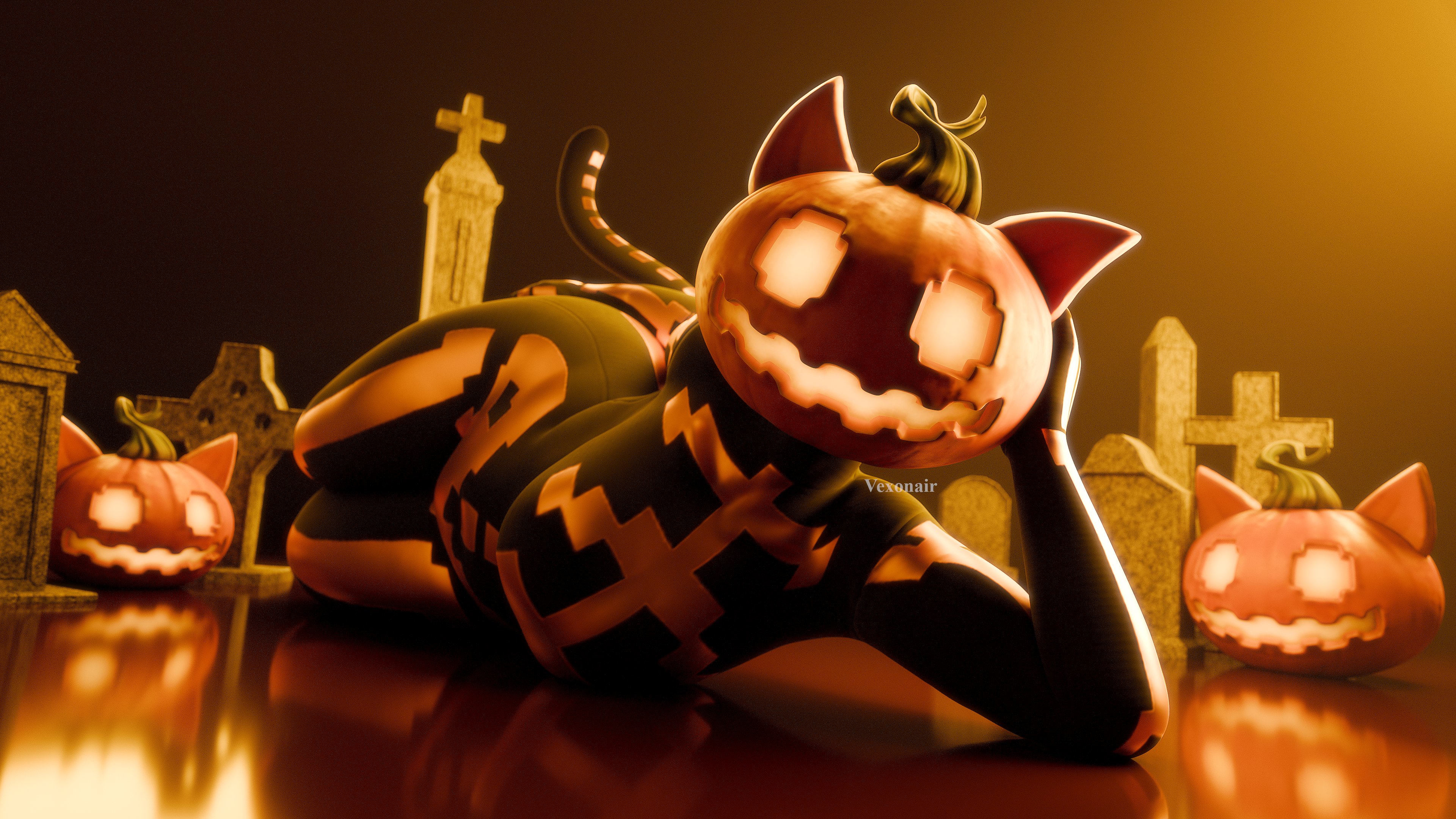 3d, 3d (artwork), female, fortnite, halloween, jack-o'-lantern, pumpkin head, spice (fortnite), vexonair, watermark