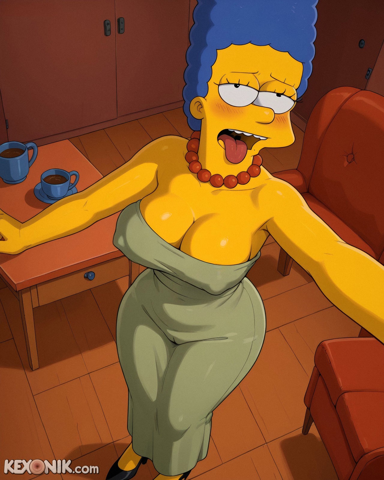 1girls, ahe gao, ai generated, big eyes, big nipples, blue hair, breasts, cleavage, cleft of venus, darkness, fat ass, female, flaccid, flat colors, from above, gesture, gigantic ass, green dress, hand sign, heavy breathing, hourglass figure, huge ass, kexonik, large breasts, long eyelashes, marge simpson, massive tits, narrow waist, night, open mouth, plump, puffy nipples, pussy, red high heels, rolling eyes, sagging breasts, selfie, solo, tall, the simpsons, tongue out, voluptuous body, yellow breasts, yellow skin
