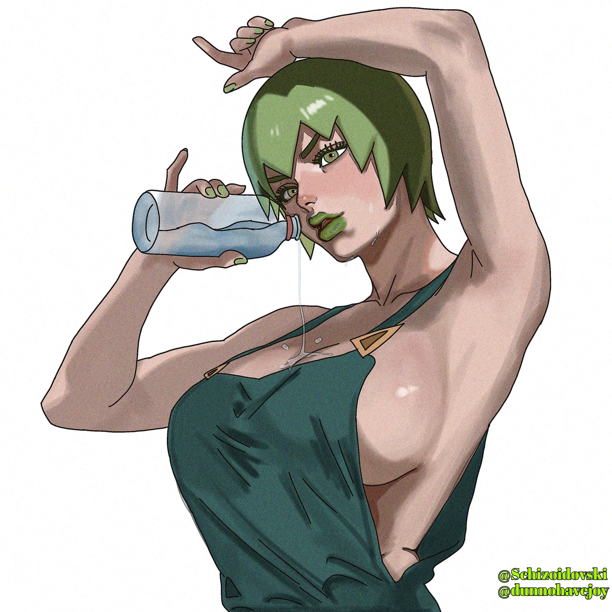armpits, bare shoulders, breast focus, breasts, cleavage, colored, female, female only, foo fighters, green eyes, green hair, jojo's bizarre adventure, large breasts, posing, pouring, pouring on self, schizoidovski, short hair, shounen jump, sideboob, stone ocean, suspenders, tagme, water