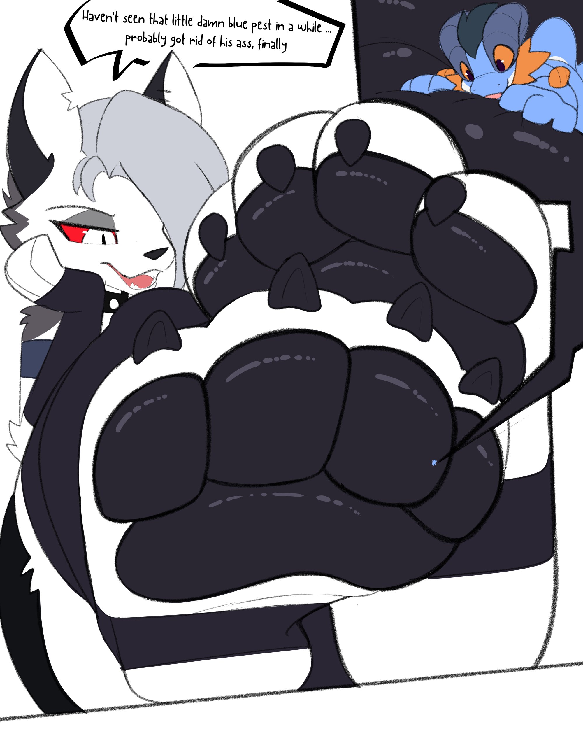 1girls, 1other, ambiguous gender, dialogue, feet, female, female focus, foot fetish, furry, giantess, grey hair, helluva boss, it should have been me not him, loona (helluva boss), macro, macro female, mean, micro, p4wsized, pawpads, paws, rude, vivienne medrano, vivziepop, white body, white fur, wolf, wolf ears, wolf girl