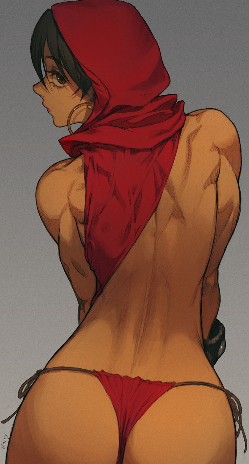 ass, ass focus, back view, bare back, bikini bottom, black eyes, black hair, brown skin, brown skinned female, capcom, cowl, dungeons and dragons, lingerie, looking at viewer, looking back, looking back at viewer, moriah, morry evans, mystara, red lingerie, shadow over mystara, topless