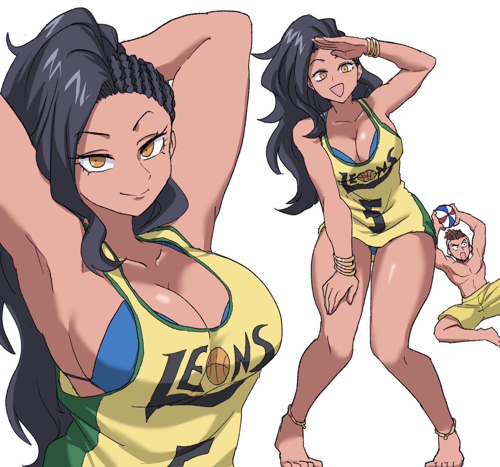 1boy, 1girls, armpits, bikini, black hair, breasts, brown hair, capcom, cleavage, female, hands behind head, holding, holding object, ilo a5, latina, laura matsuda, long hair, male, open mouth, posing, sean matsuda, shirtless, short hair, sideboob, street fighter, tagme, tan body, tank top, thick thighs, voluptuous, wide hips, yellow eyes