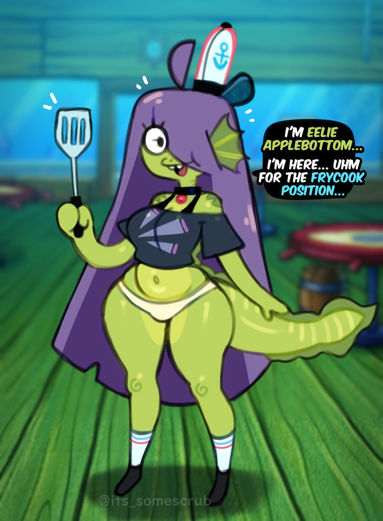 1girl, belly, eelie applebottom, female, furry, happy, indoors, nickelodeon, oc, smile, solo, somescrub, spongebob squarepants, tagme, text, underwater