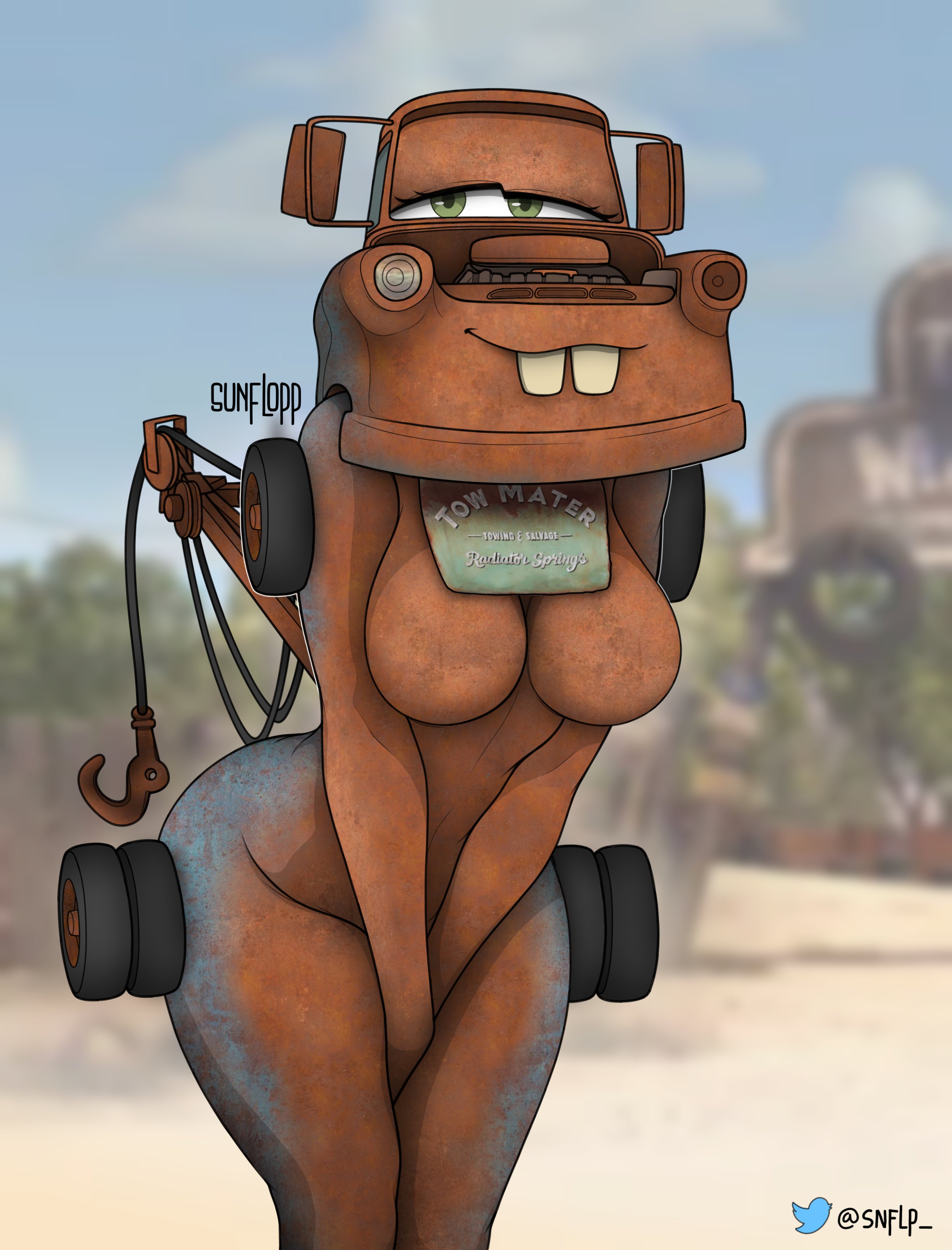 1girls, anthro, breasts, brown body, buckteeth, cars (film), disney, featureless breasts, female, genderswap (mtf), living machine, machine, mater, pixar, rule 63, shitpost, solo, sunflopp, vehicle
