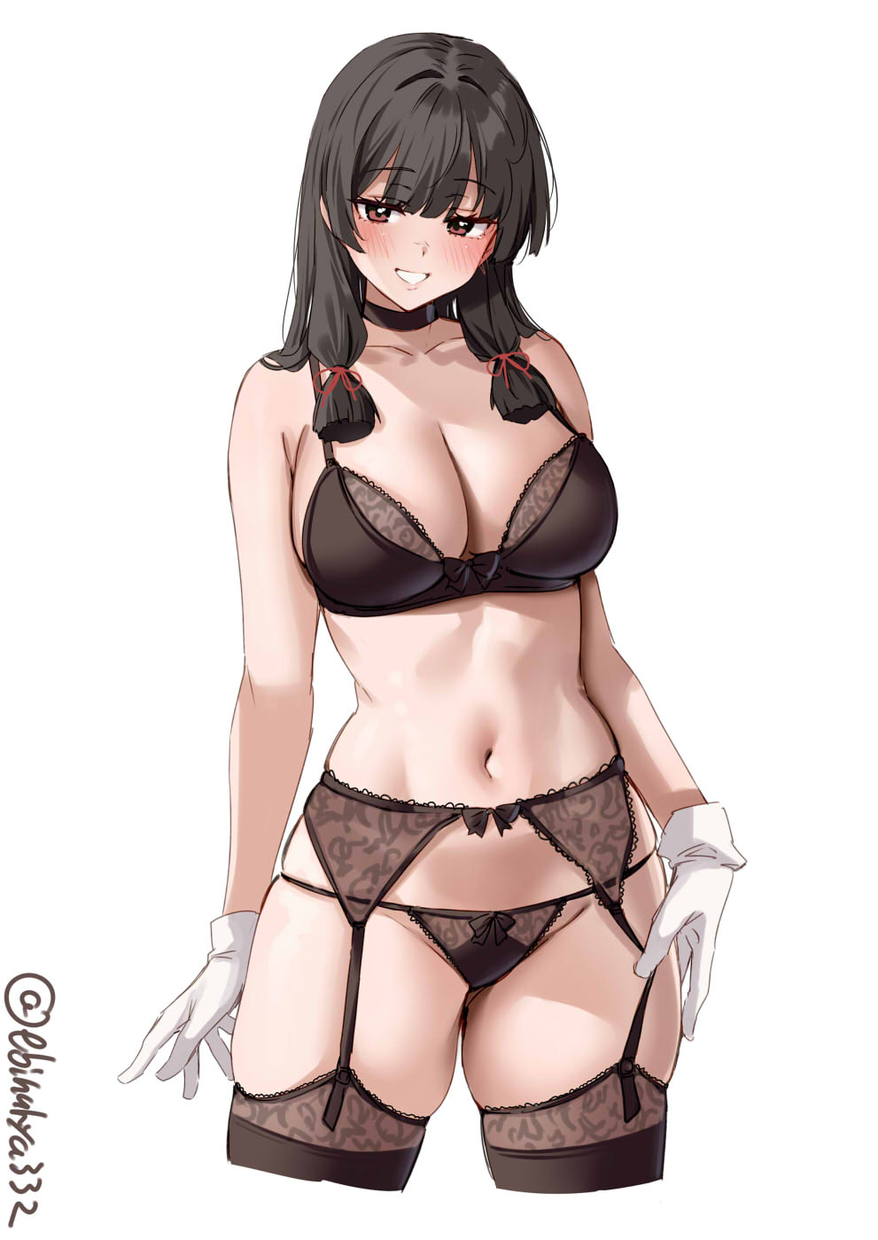 artist name, black bra, black choker, black hair, black panties, black thighhighs, blunt bangs, blunt tresses, blush, bra, breasts, choker, collarbone, commentary request, cropped legs, ebifurya, female, garter belt, gloves, groin, hair between eyes, hair intakes, hair ribbon, highres, isokaze (kancolle), isokaze (kantai collection), kantai collection, large breasts, long hair, looking at viewer, navel, one-hour drawing challenge, panties, red ribbon, ribbon, sidelocks, simple background, smile, solo, thighhighs, thighs, tress ribbon, twitter username, underwear, underwear only, white background, white gloves