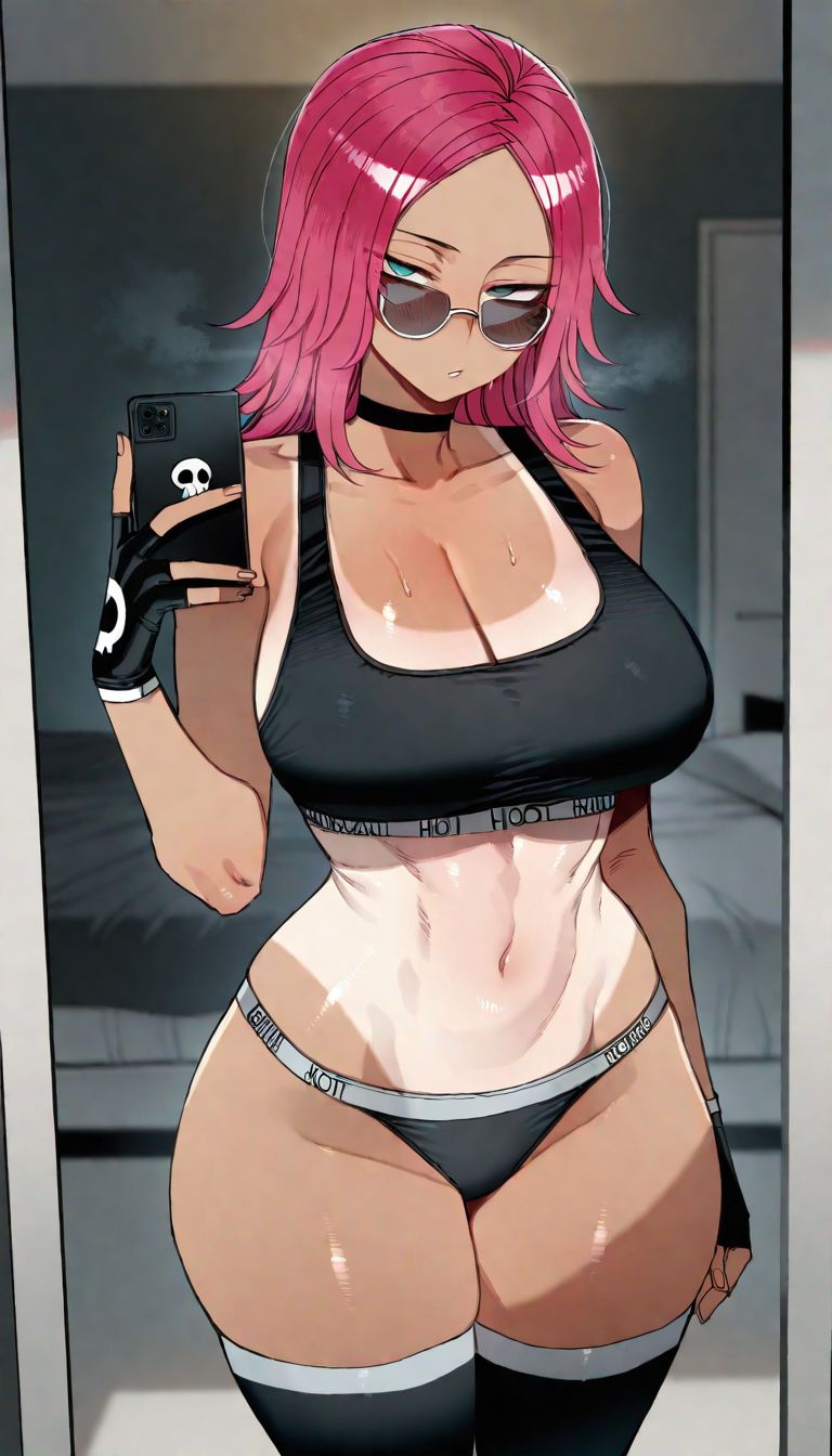 ai assisted, ai generated, choker, fingerles , glasses, gloves, legwear, looking at viewer, narrowed eyes, nintendo, panties, phone, pink hair, pokemon, selfie, skimpy, solo, sports bra, standing, stockings, tan skin, tanline, tanned skin, team skull, team skull grunt, team skull grunt (female), thick thighs