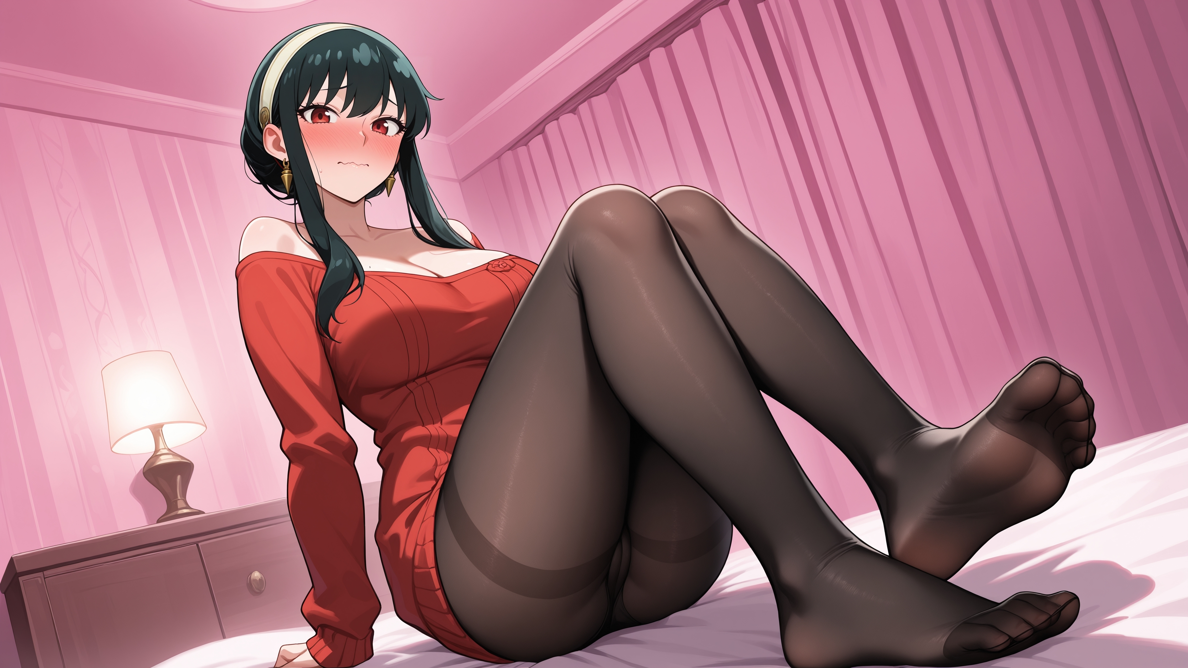 ai generated, arm support, bare shoulders, bed, bed sheet, bedroom, black legwear, blush, breasts, cleavage, closed mouth, collarbone, curtains, erosaga, feet, female, hairband, indoors, large breasts, long hair, looking at viewer, no shoes, on bed, panties, pantyhose, red eyes, sidelocks, sitting, sitting on bed, soles, solo, spy x family, sweater, thighband pantyhose, toes, underwear, yor forger