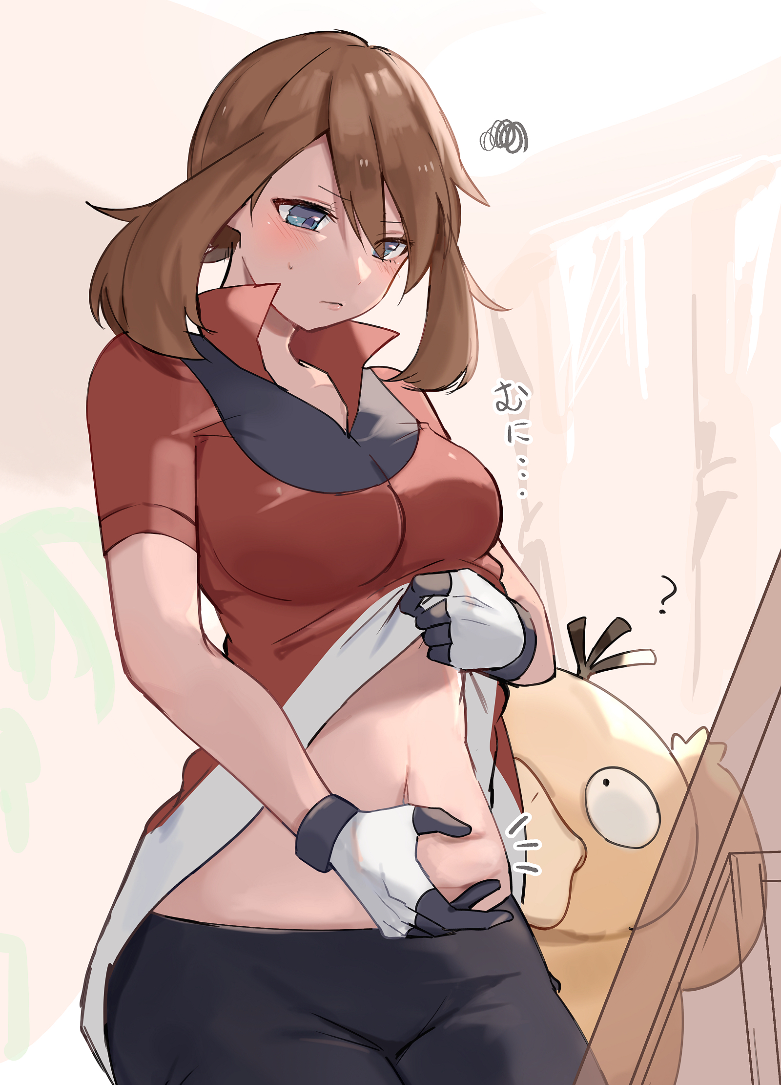 ?, 1girls, belly grab, bike shorts, black gloves, black shorts, blue eyes, blue-eyed female, blush, blush lines, blushing, breasts, brown hair, brown-haired female, commentary, female, gen 1 pokemon, gloves, grabbing belly, grabbing own belly, highres, lifting shirt, light frown, looking at belly, looking at own belly, looking at self, looking down, looking down at belly, looking down at self, may (pokemon), medium breasts, midriff peek, multicolored gloves, nintendo, pinching, pinching belly, pokemon, pokemon (creature), pokemon oras, pokemon rse, psyduck, red shirt, ririmon, self conscious, shirt, shirt lift, shorts, sidelocks, squiggle, translated, two-tone gloves, weight conscious, white gloves