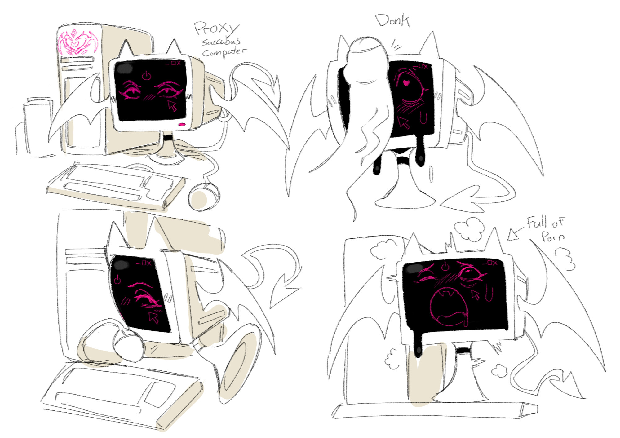 ahe gao, bimbophi, computer, computer monitor, computer mouse, computer screen, computer tower, demon, demon tail, demon wings, english text, huge cock, male, objectphilia, penis, succubus, text