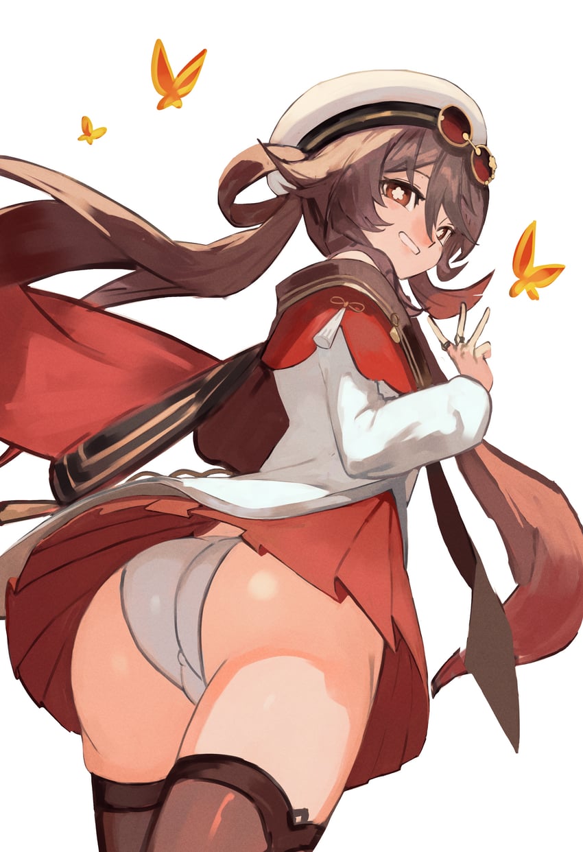 ass, female, from behind, from below, hu tao (genshin impact), long hair, simple background, skirt, trustyskittles, underwear, white background, white panties