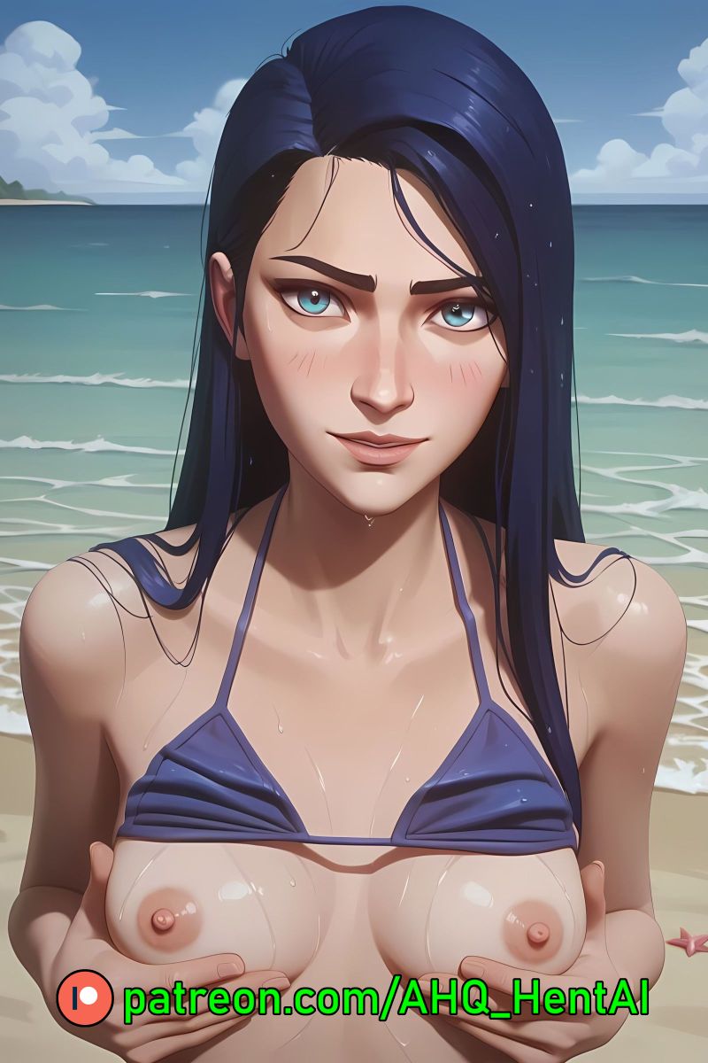 1girls ahq_hentai ai_generated arcane arcane_caitlyn bikini blue_bikini blue_hair blush breasts caitlyn_kiramman exposed_breasts league_of_legends medium_breasts nipples patreon perfect_body smile stable_diffusion standing wet