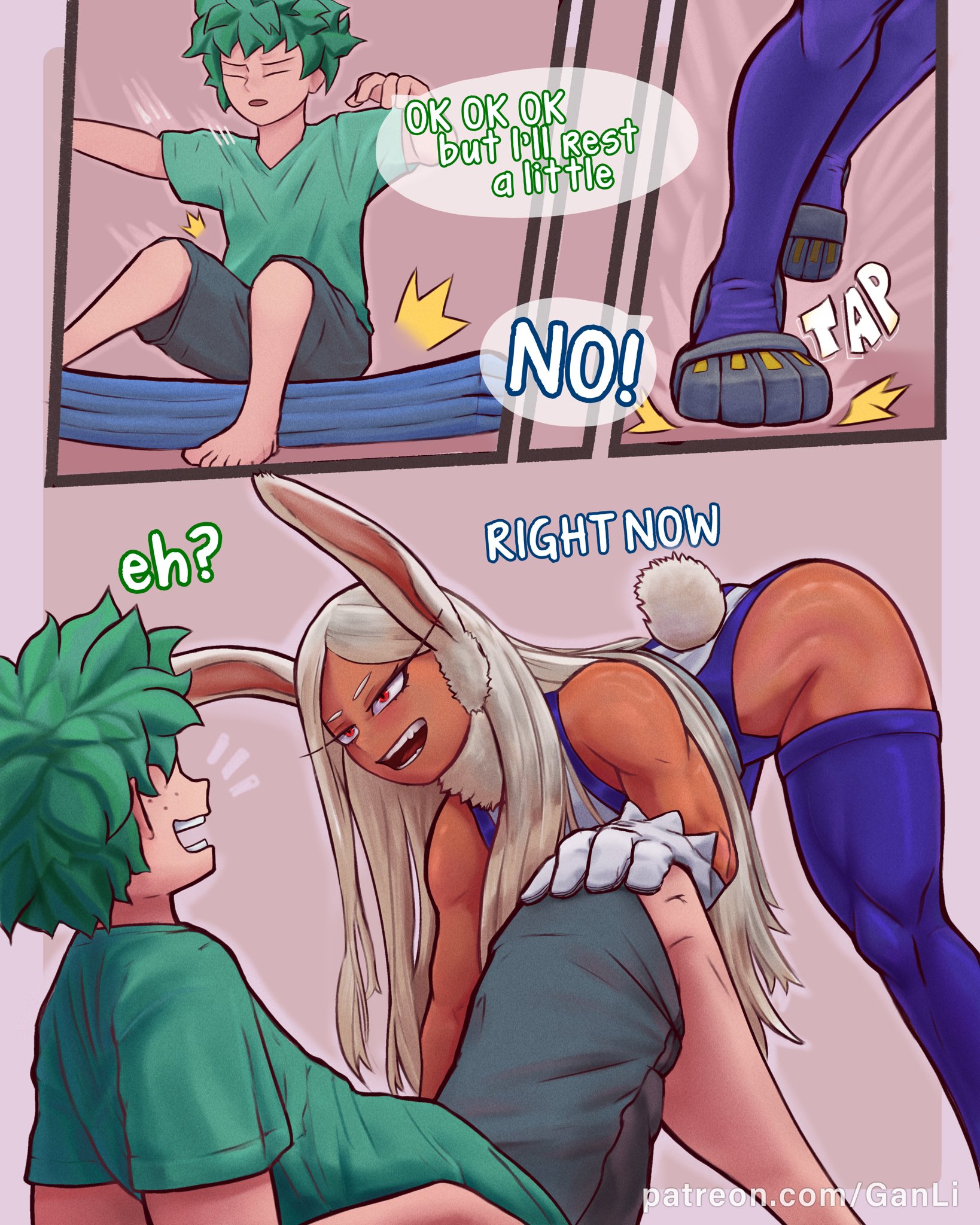 1boy, 1girls, bunny ears, bunny girl, bunny tail, dark skin, dark-skinned female, dark-skinned top, dominant female, english text, female, ganli, izuku midoriya, light skin, light-skinned bottom, light-skinned male, male, male/female, mirko, miruko, muscular, muscular female, muscular male, my hero academia, rumi usagiyama, superhero, text, thighhighs