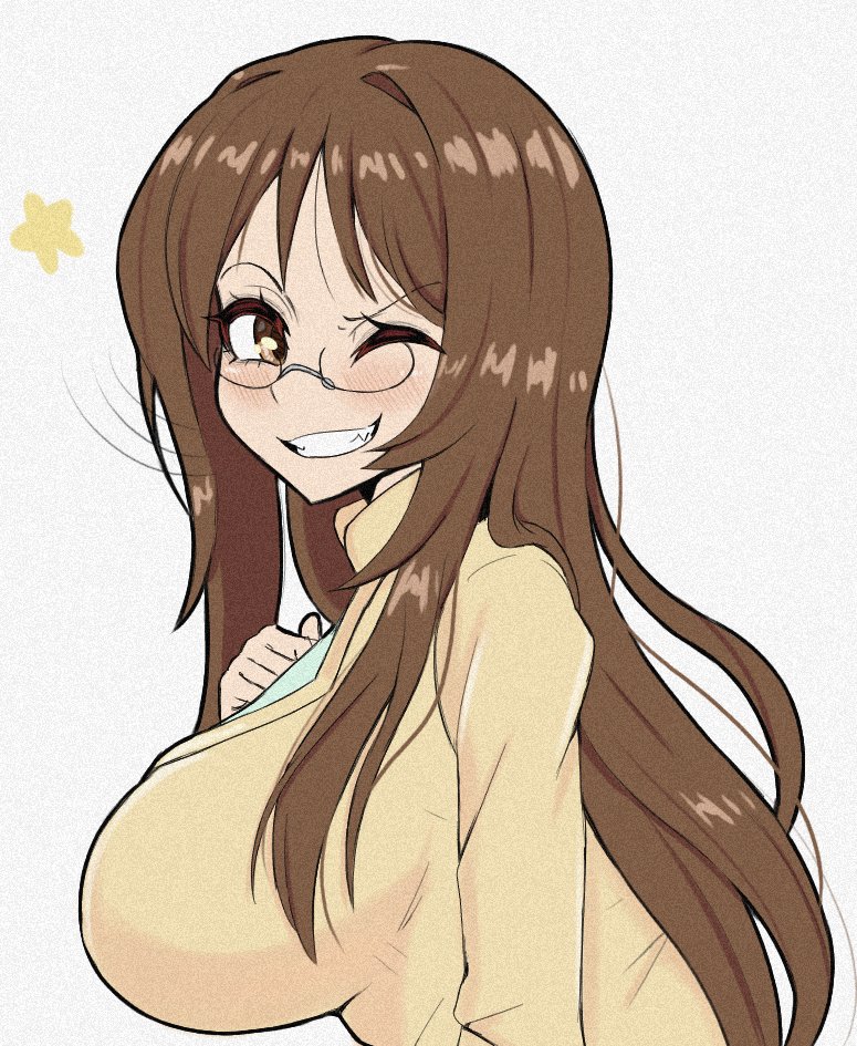 1girls big_breasts brown_hair clothed_female from_side glasses k-on! long_hair looking_at_viewer one_eye_closed sawako_yamanaka_(k-on!) smil solo solo_female tagme wink young_savage