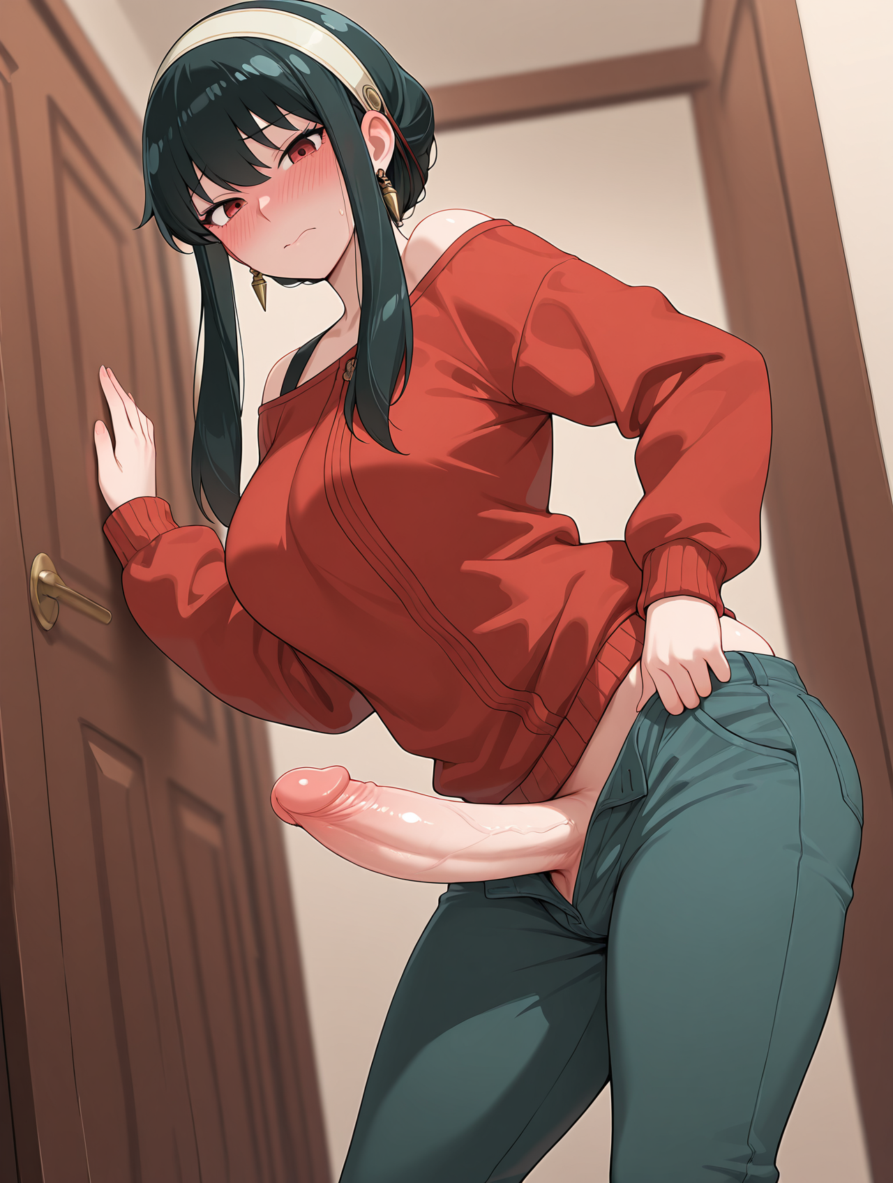 1futa, ai generated, black hair, blush, breasts, embarrassed, erect penis, erection, futa only, futanari, intersex, joocass, large breasts, penis, red eyes, solo, spy x family, stable diffusion, standing, thick, thick thighs, thighs, white skin, yor briar, yor forger