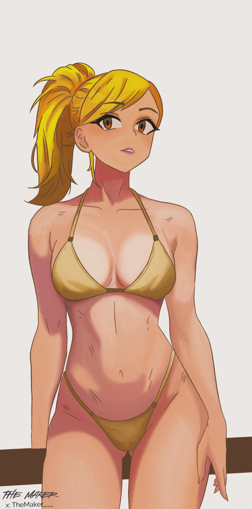 1girls bikini blonde_hair breasts gluteal_fold highres komi-san_wa_komyushou_desu looking_at_viewer manbagi_rumiko medium_breasts pink_lips ponytail self-upload solo swimsuit themaker thick_eyelashes yellow_bikini