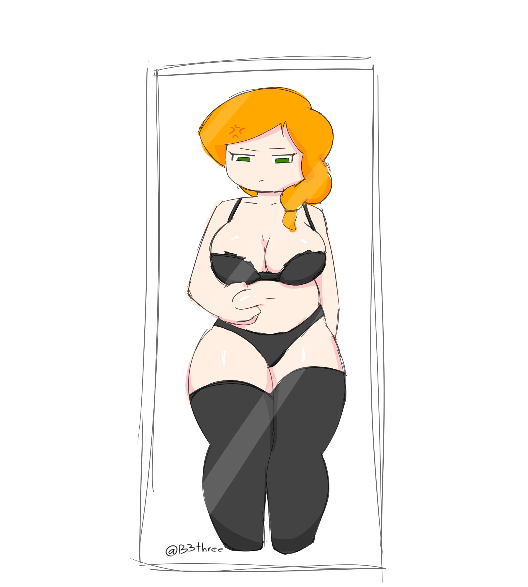 alex (minecraft), ass, b3three, belly grab, big ass, big breasts, big butt, big thighs, big titties, breasts, curvaceous, curvy, curvy body, female, female only, grabbing own belly, green eyes, lenceria, lencerie, minecraft, orange hair, red eyes, thick thighs, thigh highs (marking)