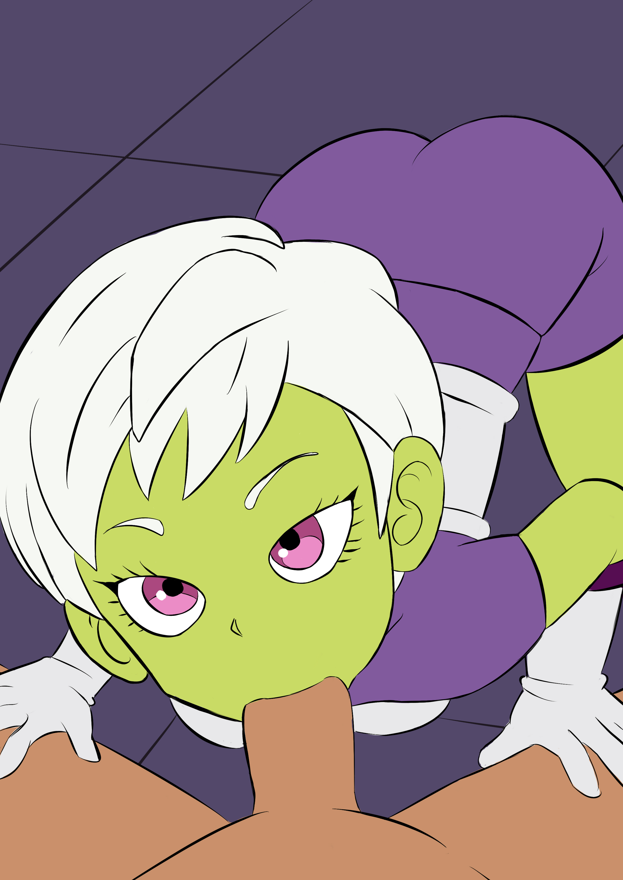 blowjob, broly, broly (dragon ball super), cheelai, dragon ball, dragon ball super, eye contact, fellatio, female, green skin, huge cock, interspecies, male, oral, penis, pov, white hair, yuzutycl