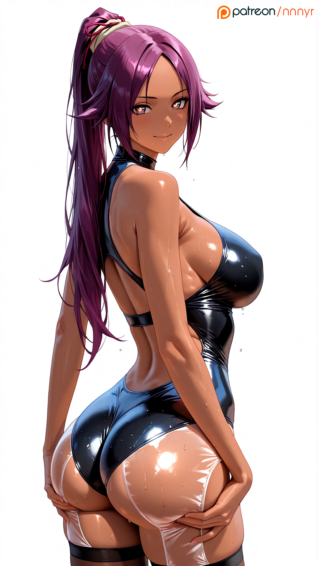 1girls, ai generated, ass, ass focus, ass grab, big ass, big breasts, black latex, bleach, breasts, dark skin, dark-skinned female, female, heart-shaped pupils, latex, latex clothing, latex suit, looking at viewer, looking back, looking pleasured, nnnyr, perfect body, ponytail, purple hair, shihouin yoruichi, solo, solo female, solo focus, stable diffusion, standing, stockings, translucent clothing, wet, wet body, white background, yellow eyes