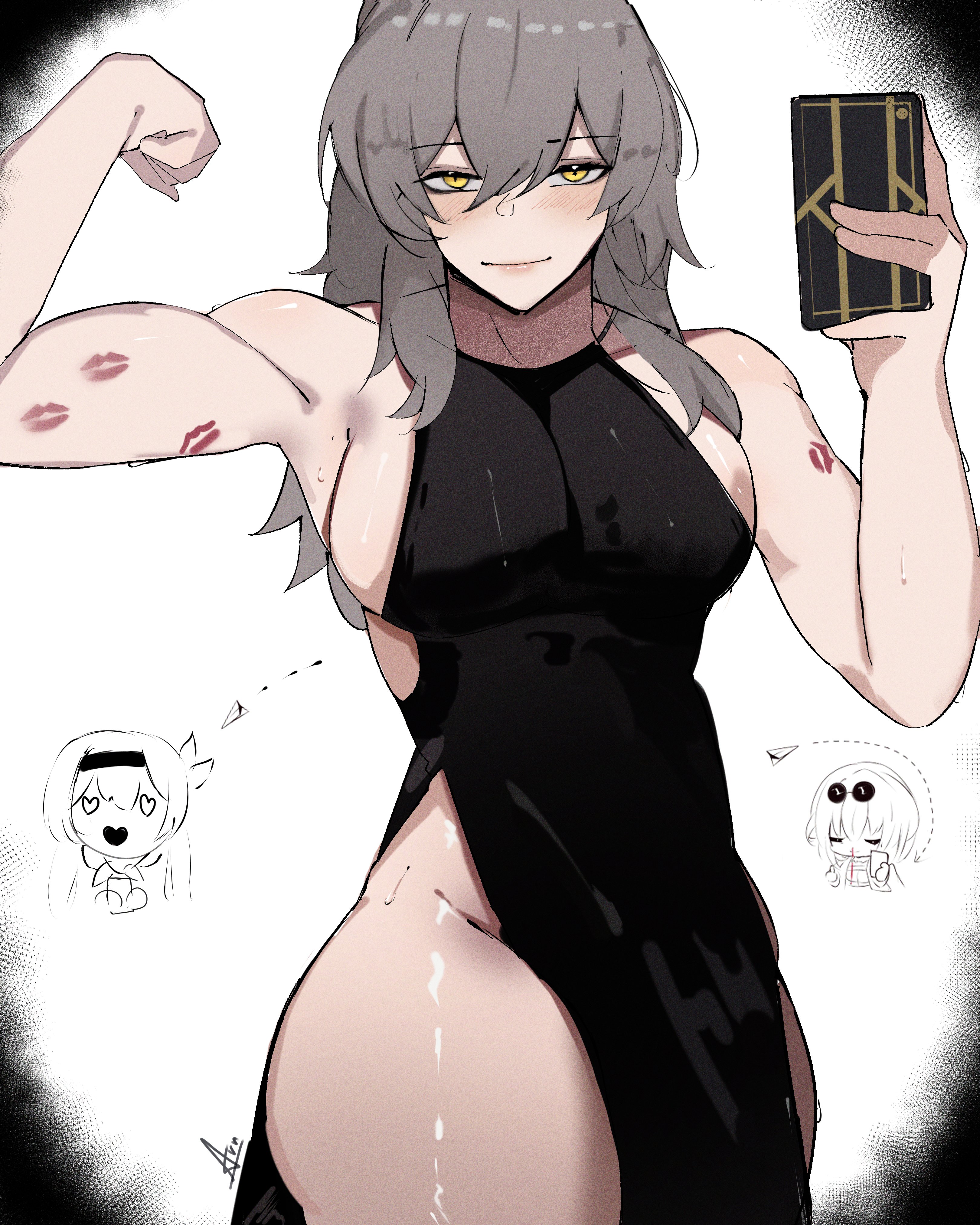 arnkun, breasts, dress, female, firefly (honkai: star rail), honkai (series), honkai: star rail, kiss mark, lesbian focus, sideboob, stelle (honkai: star rail), thick thighs, yuri