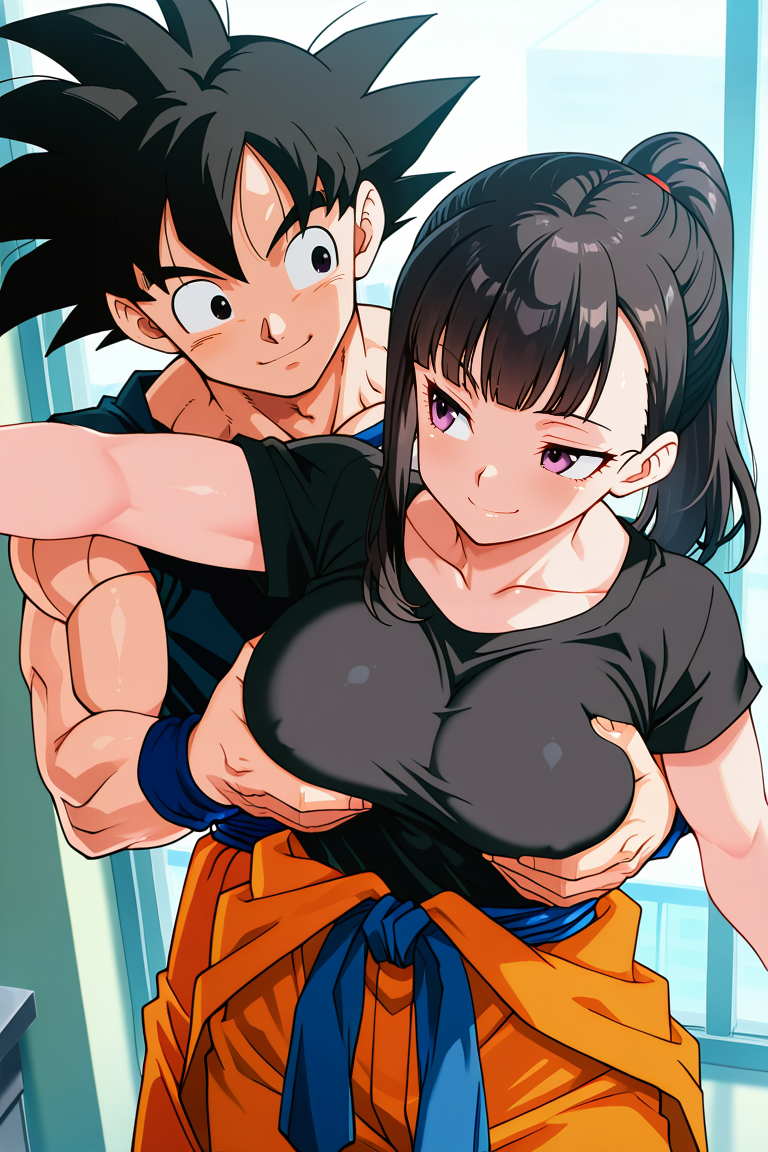 ai_generated black_top breast cheating_husband couple crossover dragon_ball dragon_ball_super dragon_ball_z enen_no_shouboutai excited fire_force goku grabbing_breasts groping_breast horny_female horny_male indoors large_breasts looking_at_another maki_oze male/female muscular_female netorare ntr oze_maki smile son_goku unfaithful upper_body