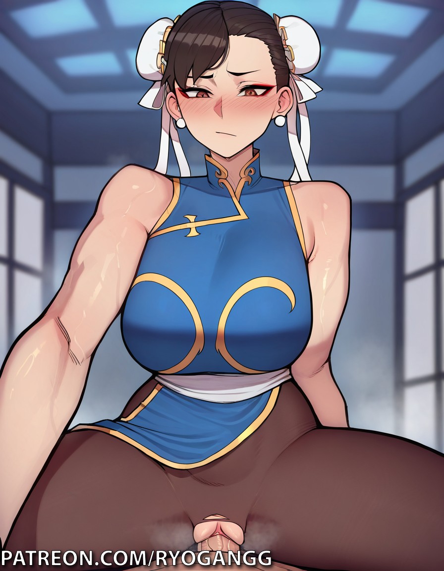 2d ai_generated black_hair brown_eyes chun-li makeup pov pussy ripped_clothing ripped_pants ryogangg sex street_fighter suggestive suggestive_look vaginal_penetration