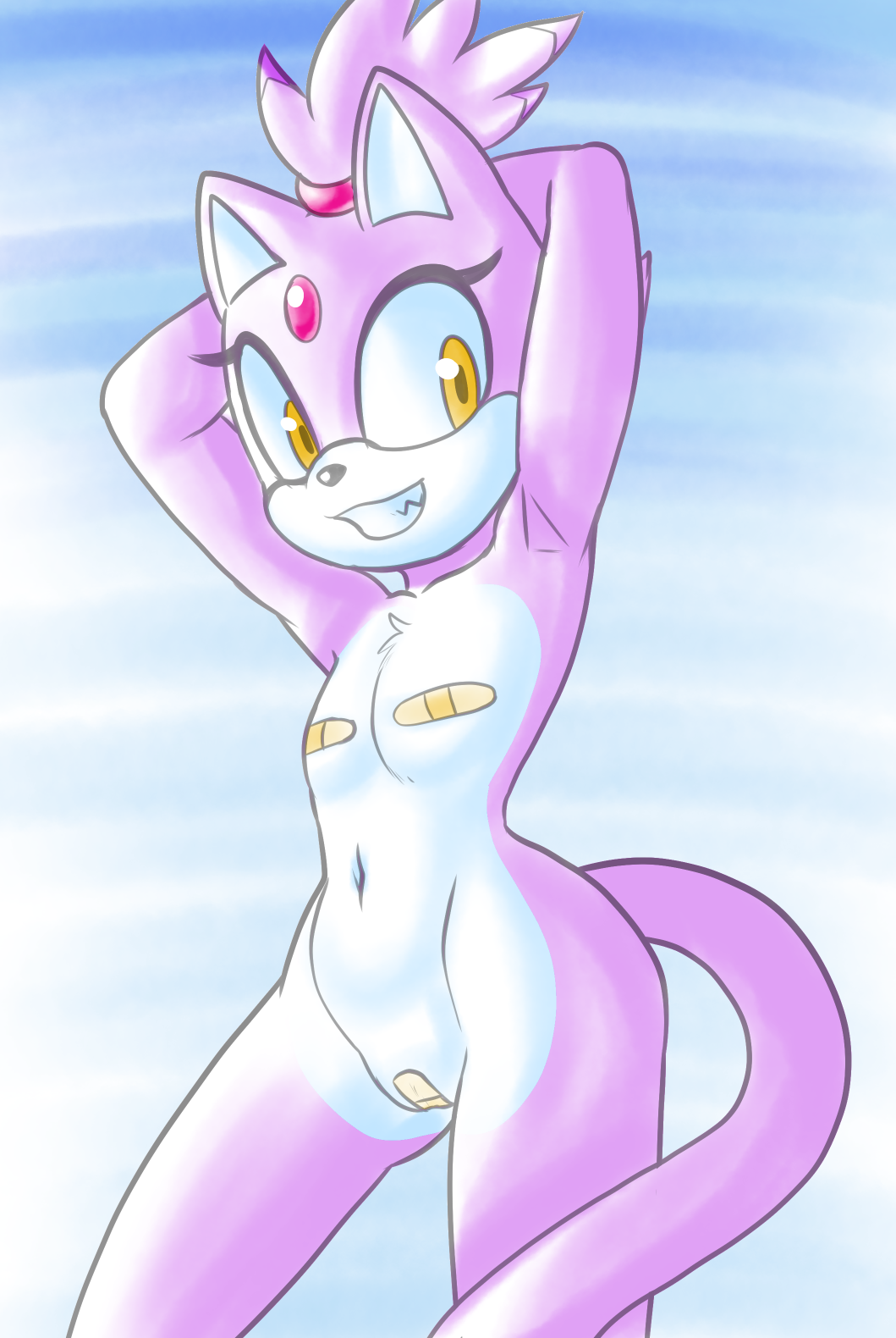 anthro band-aid band-aid_on_genitals band-aid_on_nipple band-aid_on_pussy bandage blaze_the_cat domestic_cat felid feline felis female forehead_gem fours_(artist) gem hands_behind_head hi_res mammal purple_body sega smile solo sonic_(series) sonic_the_hedgehog_(series)