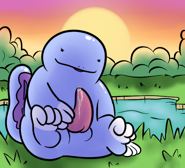 1boy erection grin lake looking_at_viewer male male_only outside penis pokemon precum quagsire quagsire_(artist) sitting solo