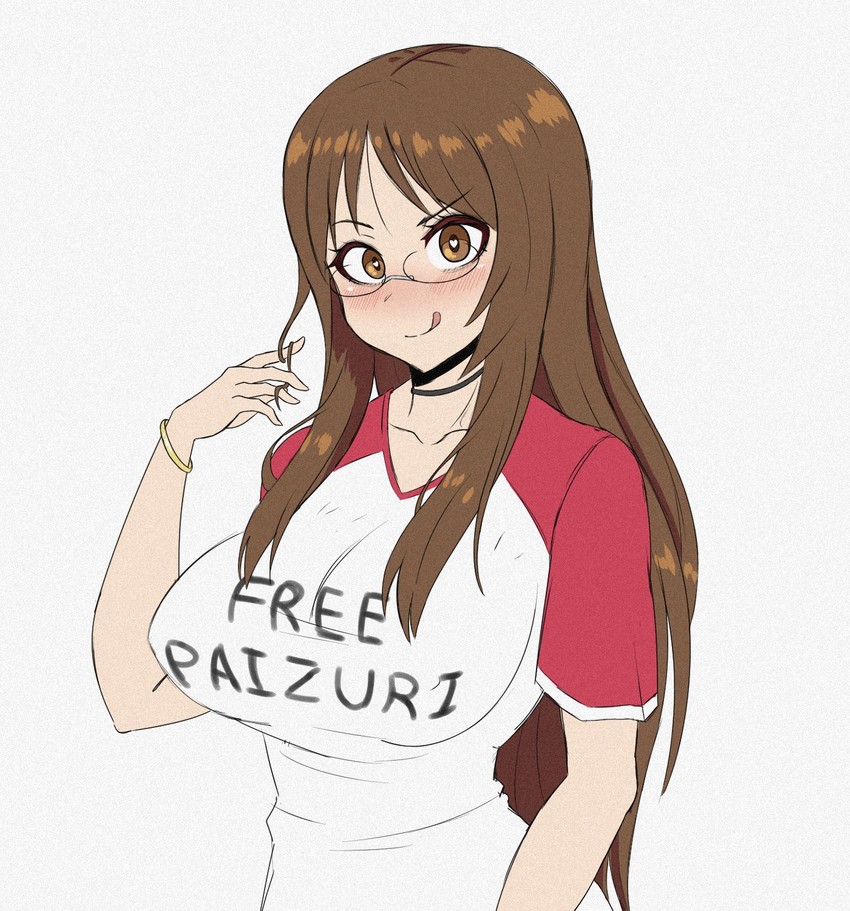 1girls brown_eyes brown_hair clothes_writing english_text glasses heart-shaped_pupils k-on! large_breasts licking_lips looking_at_viewer paizuri_invitation sawako_yamanaka_(k-on!) simple_background symbol-shaped_pupils tagme white_background young_savage