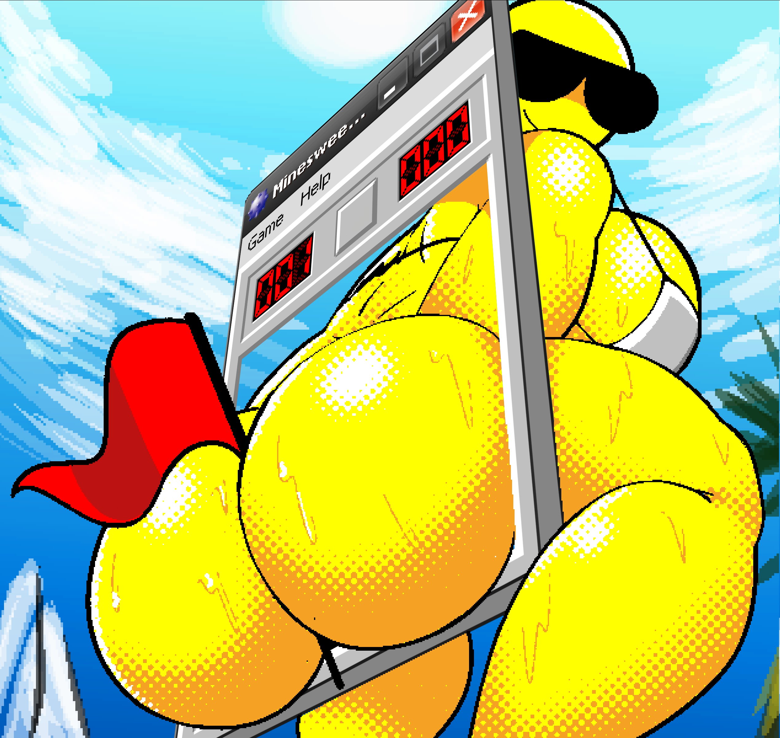 1girls, 2026, 2d, 2d (artwork), alternate version available, ass, ass focus, ass out, big ass, big breasts, big butt, bikini top, bikini top only, blue sky, bottomless, bottomless female, breasts, color, colored, detailed background, digital drawing (artwork), digital media (artwork), female, female focus, flag, flag (object), flag between buttocks, looking at viewer, looking back, minesweeper, palm tree, pixel art, red flag, sitting, smile, smiley face, solo, solo female, solo focus, srrealleaf, sweat, sweating, sweaty, sweaty body, white bikini top, window (computing)
