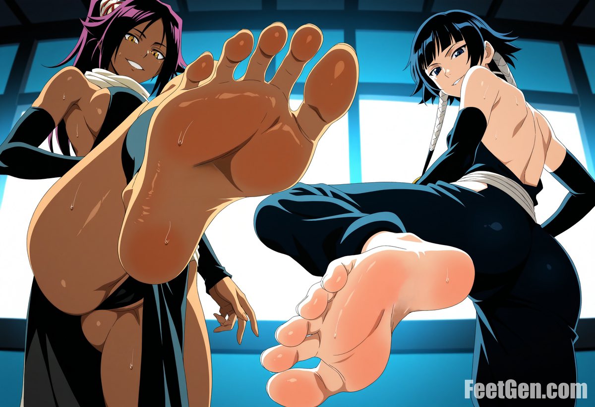 ass big_ass big_breasts big_breasts black_body black_hair black_skin bleach blue_eyes feet feet_focus feet_up foot_fetish foot_focus girls_only half-dressed half_naked long_hair looking_at_viewer orange_eyes panties presenting_feet purple_hair shihouin_yoruichi short_hair small_breasts small_tits smile smiling smiling_at_viewer soifon soles thick_ass thick_thighs toes white_body white_skin woman_only