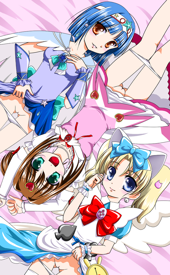 3girls animal_ears arms_up bed_sheet blonde_hair blue_eyes blue_hair bow cat_ears dress dress_lift earrings female female_only green_eyes hairbow jewelpet jewelpet_(series) jewelpet_tinkle jewelry looking_at_viewer lying magical_girl miria_marigold_mackenzie multiple_girls on_back open_mouth orange_eyes panties panty_pull pussy sakura_akari sanrio sara_(jewelpet) sega sega_fave sega_toys short_sleeves uncensored wings wrist_cuffs yami_no_kohaku