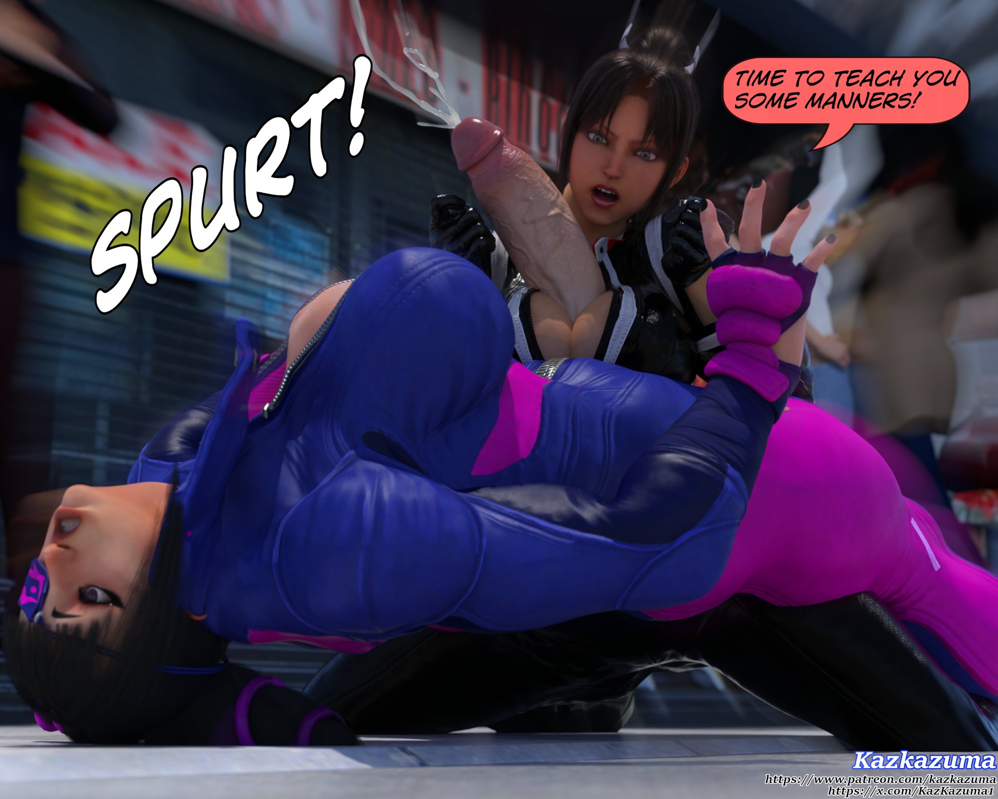 1futa, 1girls, 3d, big breasts, breasts, capcom, catfight, cleavage, cum, cumming, dialogue, erection, fatal fury, female, futanari, futasub, huge breasts, intersex, juri han, kazkazuma, king of fighters, mai shiranui, mai shiranui (city of the wolves), paizuri, penis, reverse rape, sexfight, snk, street fighter, text