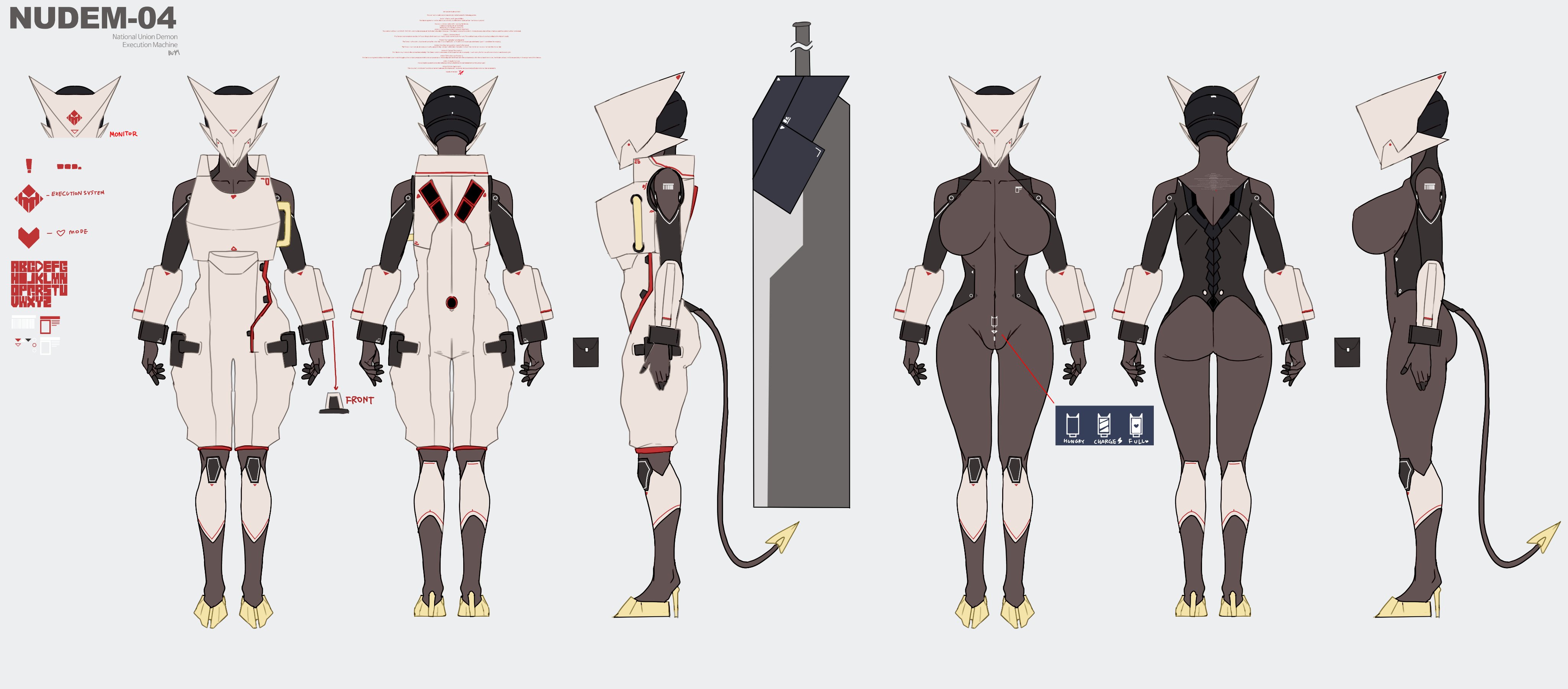 16:9, 1girls, absurd res, armor, ass, big breasts, breasts, buta99, character sheet, female, female only, grey body, heels, helmet, multiple views, nudem-04 (buta99), robot, robot girl, solo, tail, widescreen