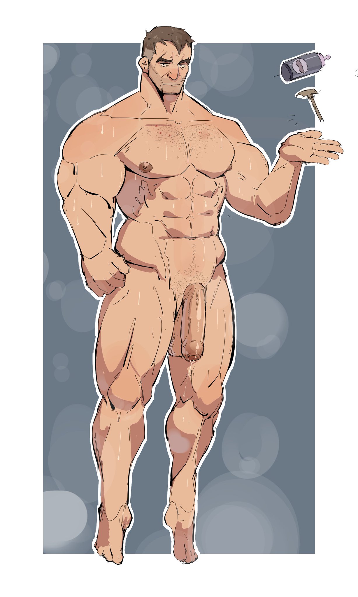 balls bara big_balls big_penis flaccid gay male male_only muscles muscular musk nude overwatch penis rooyu_0 saturn297 sigma_(overwatch) solo solo_male sweat sweating