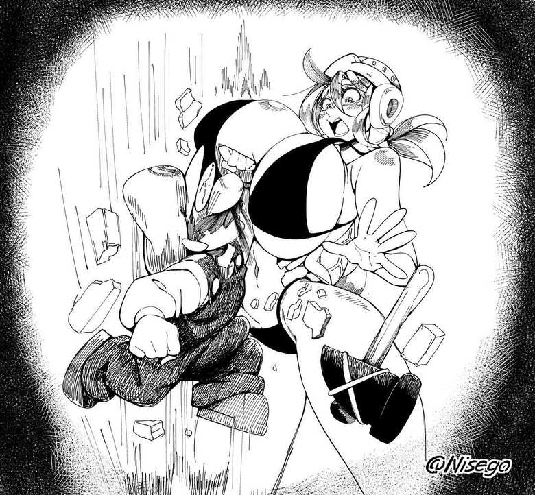 1boy 1female 1girls action_lines action_pose artist_logo artist_name big_breasts bikini bikini_bottom bikini_top black_and_white black_bikini boobs breasts eye_bulge eyes_popping_out female hammer_bros. huge_breasts human humanized jumping koopa koopa_shell koopa_tail male male_and_female mario mario_(series) mario_bros massive_breasts monochrome mustache nintendo nisego nosebleed overalls rule_63 shocked shocked_expression shorter_male super_mario_bros. tail taller_female thick_legs thick_thighs turtle_shell voluptuous voluptuous_female