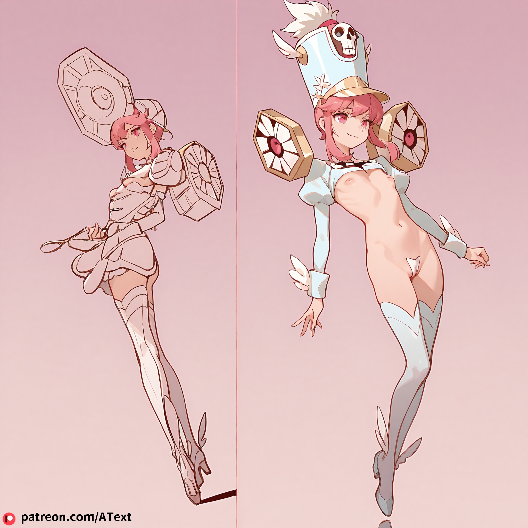 1girls, ai generated, breasts, c-string, cameltoe, dark genitals, female, female only, flat chest, hat, inverted nipples, jakuzure nonon, jumping, kill la kill, model sheet, navel, pink eyes, pink hair, pussy, revealing clothes, shako cap, sidelocks, skimpy clothes, smirk, solo, thighhighs