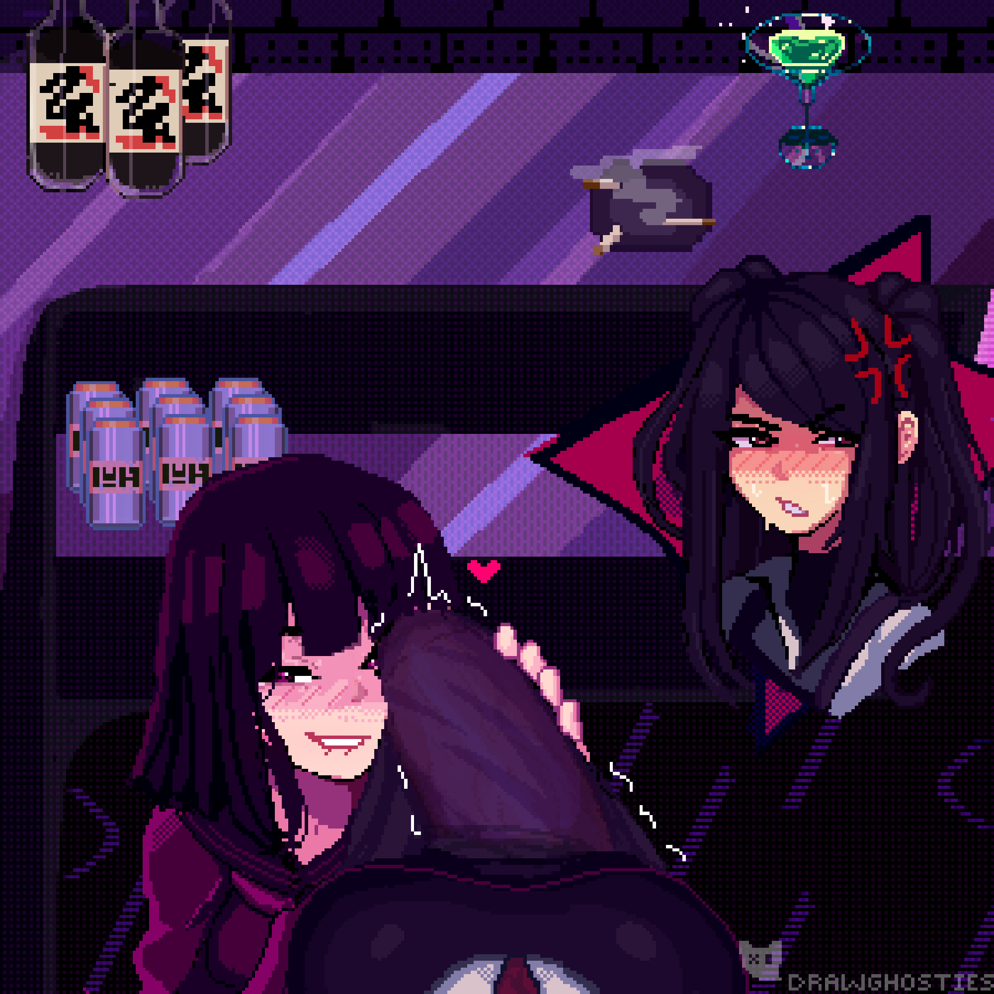 angry anna_graem black_hair blush breasts bulge embarrassed erection erection_under_clothes highres jill_stingray long_hair motion_lines naughtyghosties pov small_breasts smug teasing va-11_hall-a