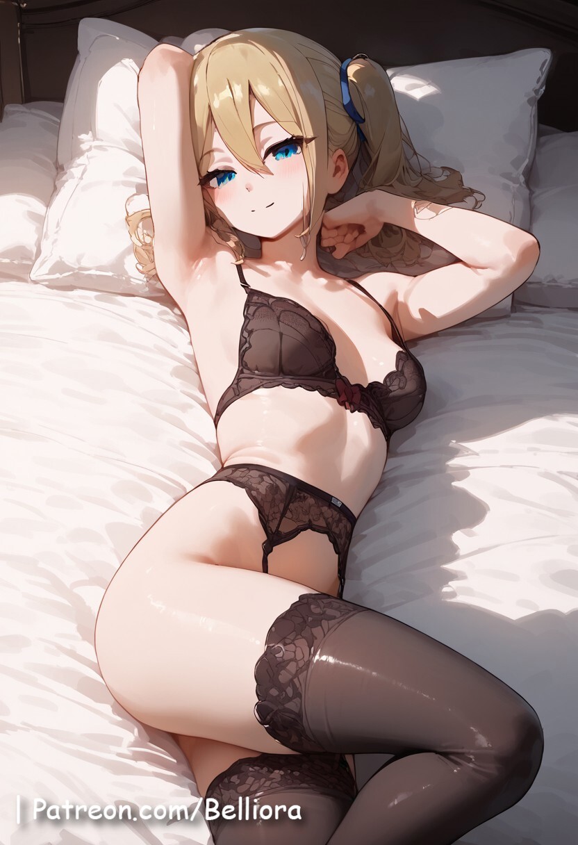 ai_generated arm_around_neck arm_behind_head ass bed bedroom belliora big_ass blonde_female blonde_hair blonde_hair_female blue_eyes bra clothed clothed_female clothing female female_focus female_only hayasaka_ai kaguya-sama_wa_kokurasetai_~tensai-tachi_no_renai_zunousen~ laying_down laying_on_back laying_on_bed laying_on_pillow lingerie looking_at_viewer panties partially_clothed partially_clothed_female patreon patreon_username petite petite_body petite_female pigtail pose posing shiny shiny_hair shiny_skin short_hair smile smiling smiling_at_viewer solo solo_female solo_focus thigh_highs thighhighs