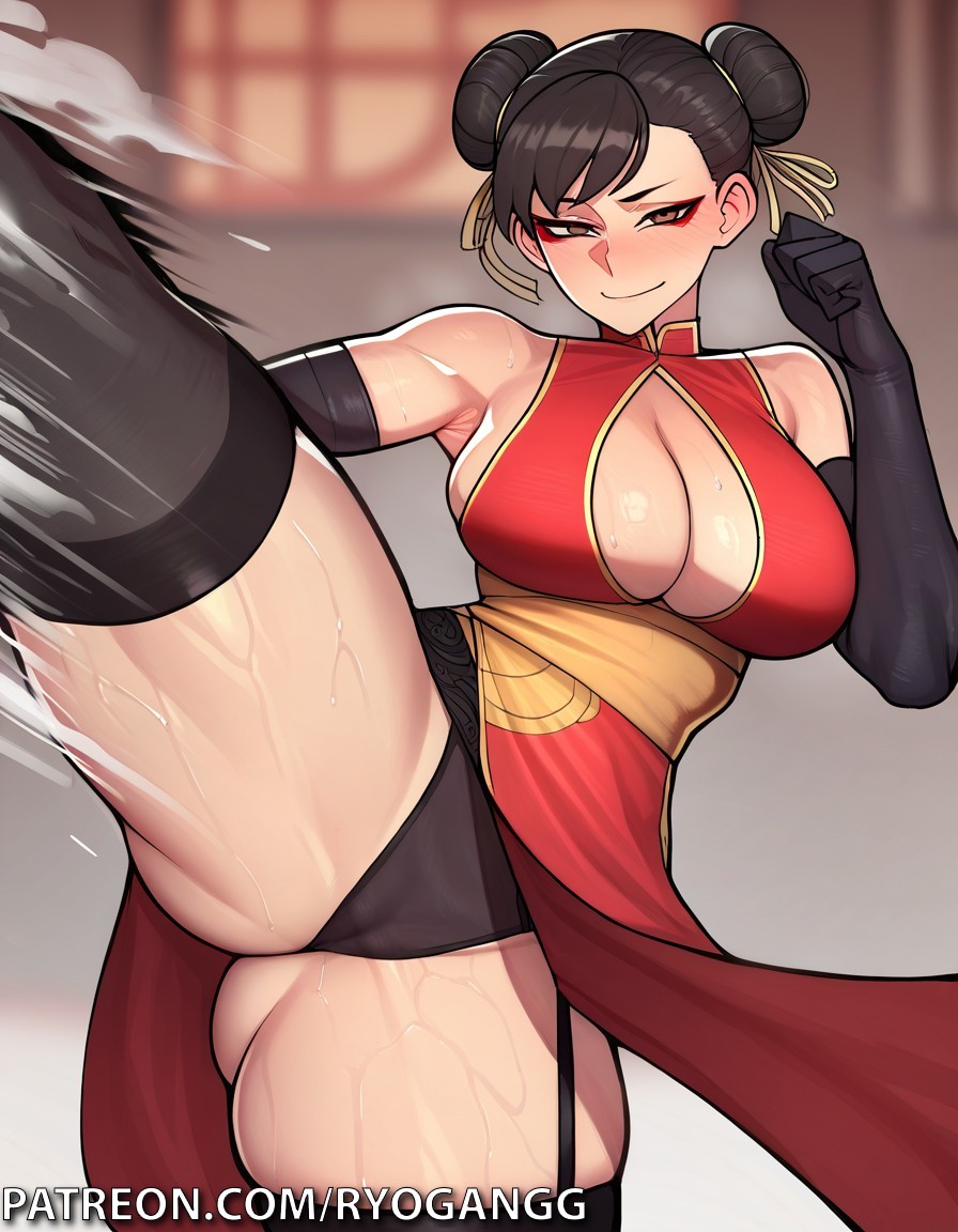 2d ai_generated ass ass_grab big_ass big_breasts big_butt black_hair breasts brown_eyes china_dress chinese_clothes chun-li cleavage cleavage_cutout exposed_panties kick kicking lingerie makeup ryogangg street_fighter suggestive suggestive_look wide_hips