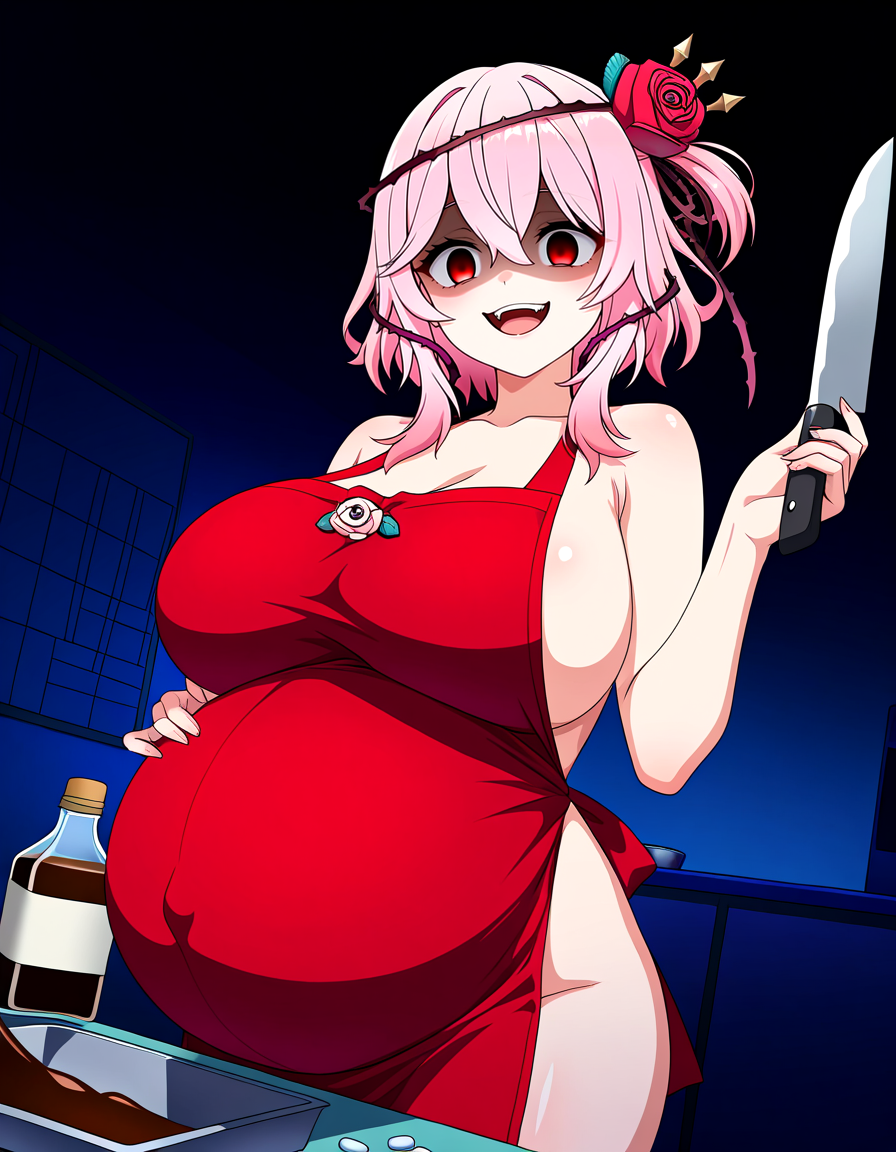 :d ai_generated apron chocolate cooking crazy_eyes huge_belly huge_breasts indoors kitchen knife laxatives looking_at_viewer naked_apron nijisanji poison pregnant rosemi_lovelock shaded_face stable_diffusion virtual_youtuber yandere