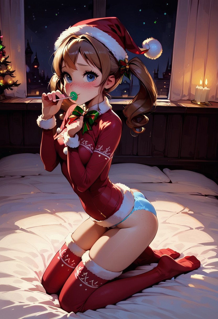 ai_generated brokentoys candy christmas christmas_outfit flowers hermes113 licking lolipop on_bed on_knees rape raped twintails